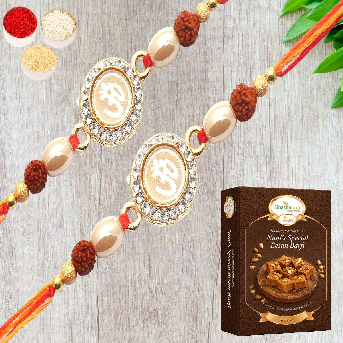 Set of 2 - Om The Mystique of Truth Rakhi  with 200 gms of Besan Barfi