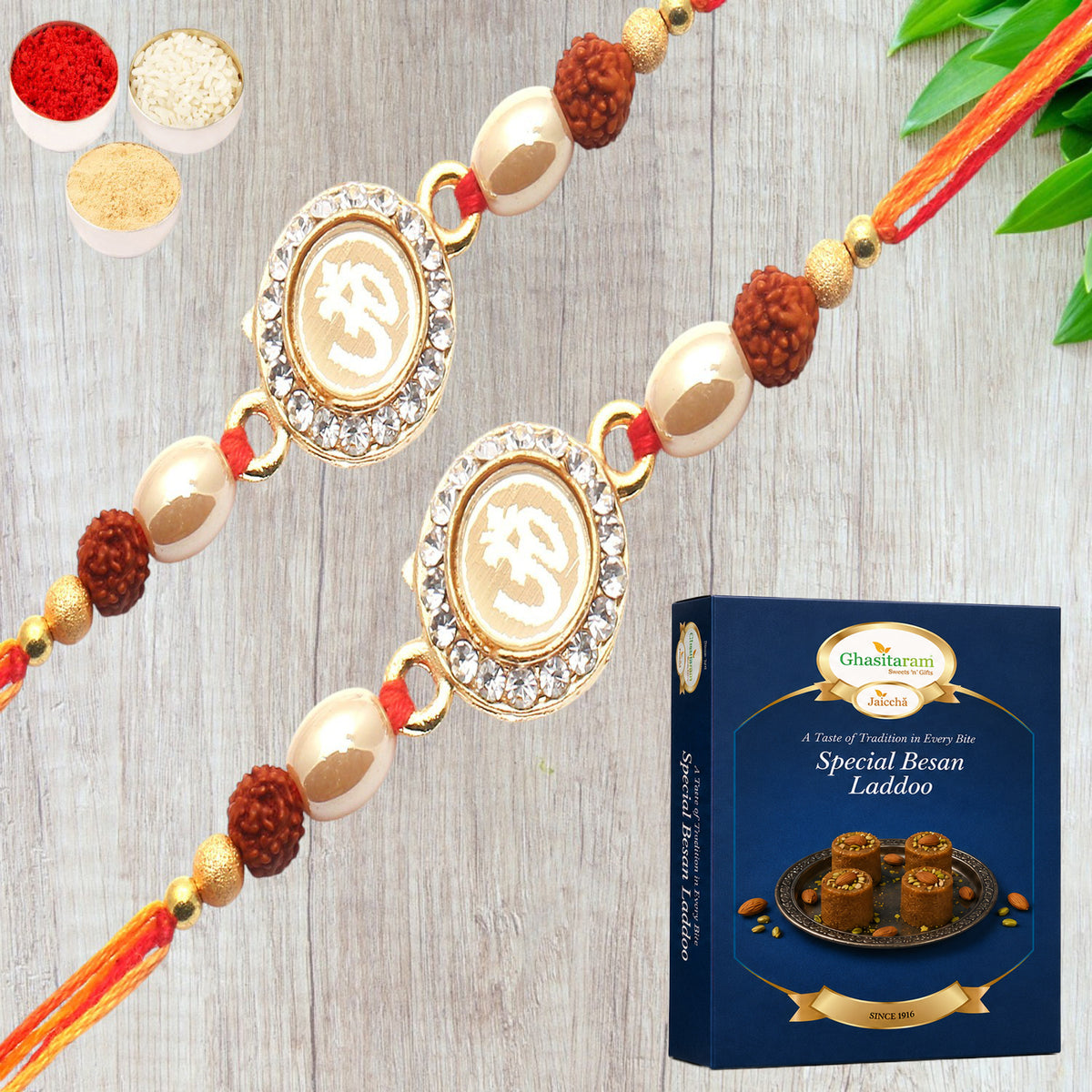 Set of 2 - Om The Mystique of Truth Rakhi  with 200 gms of Besan Laddoo