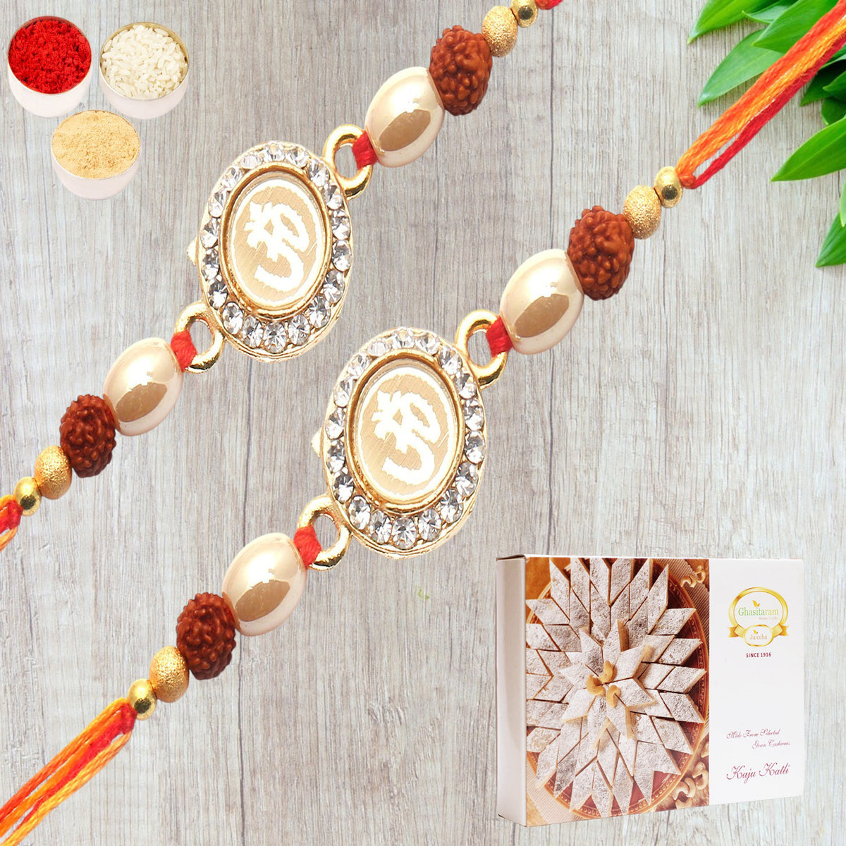 Set of 2 Om The Mystique of Truth Rakhi with 400 gms of Kaju katli
