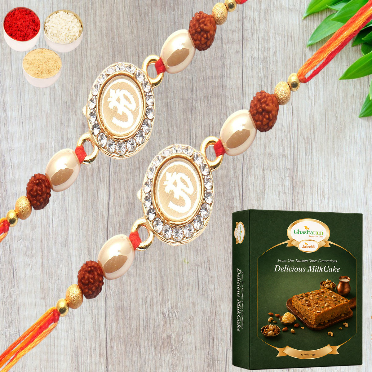 Set of 2 - Om The Mystique of Truth Rakhi  with 200 gms of Milk Cake