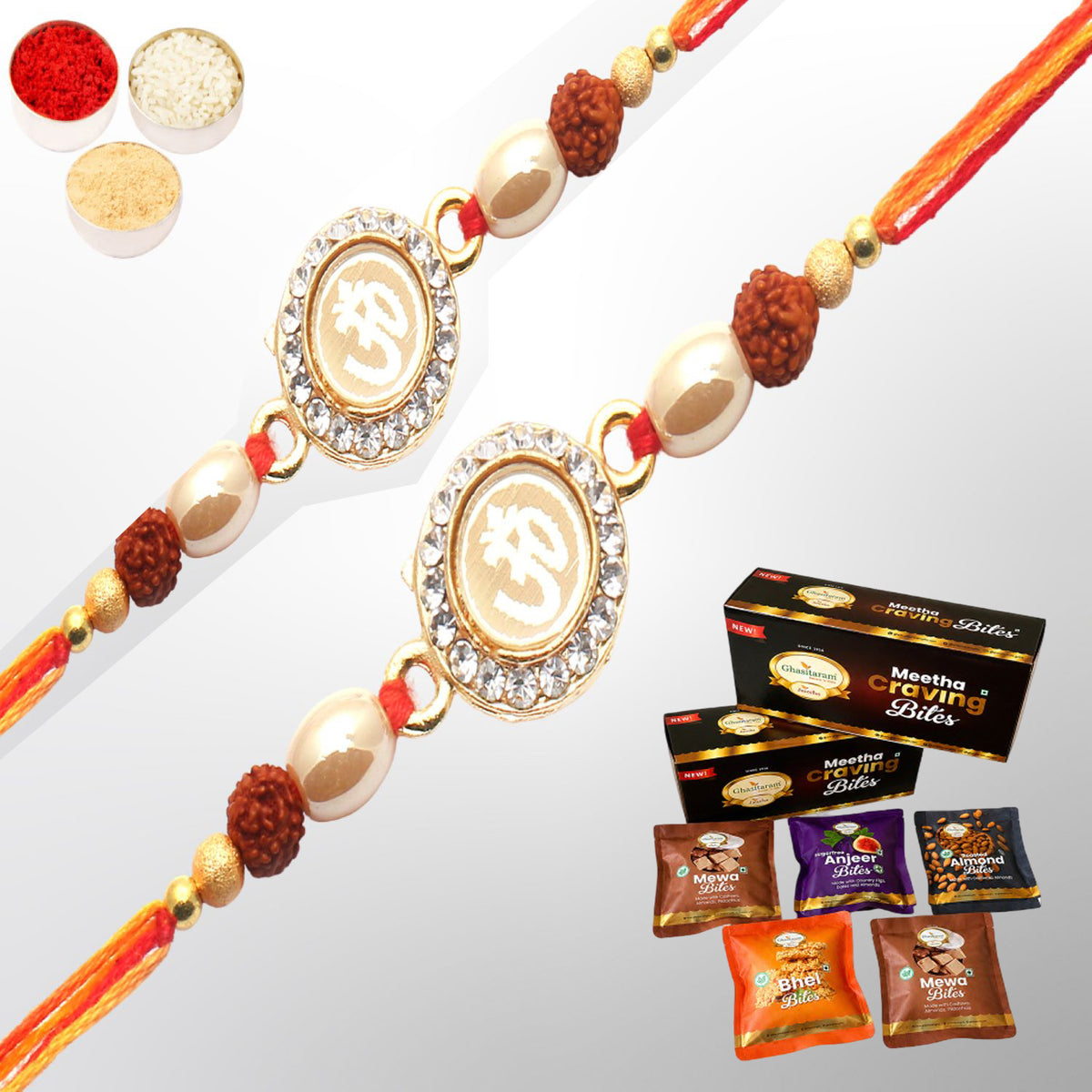 Set of 2 Om The Mystique of Truth Rakhi with Asorted bites box