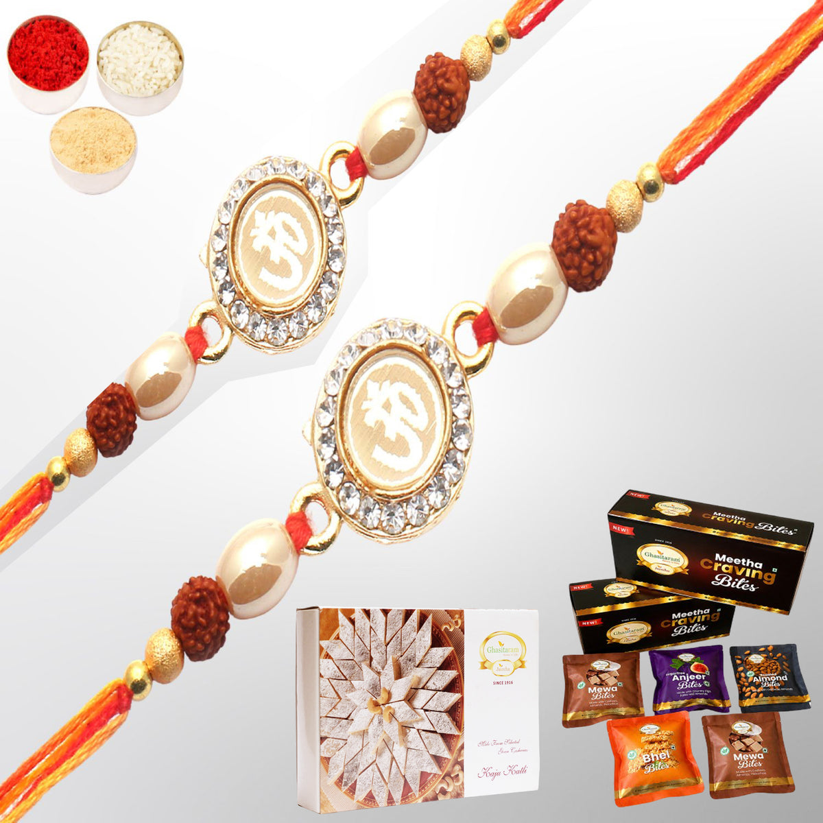 Set of 2 Om The Mystique of Truth Rakhi with Asorted bites box and 200 gms of Kaju katli