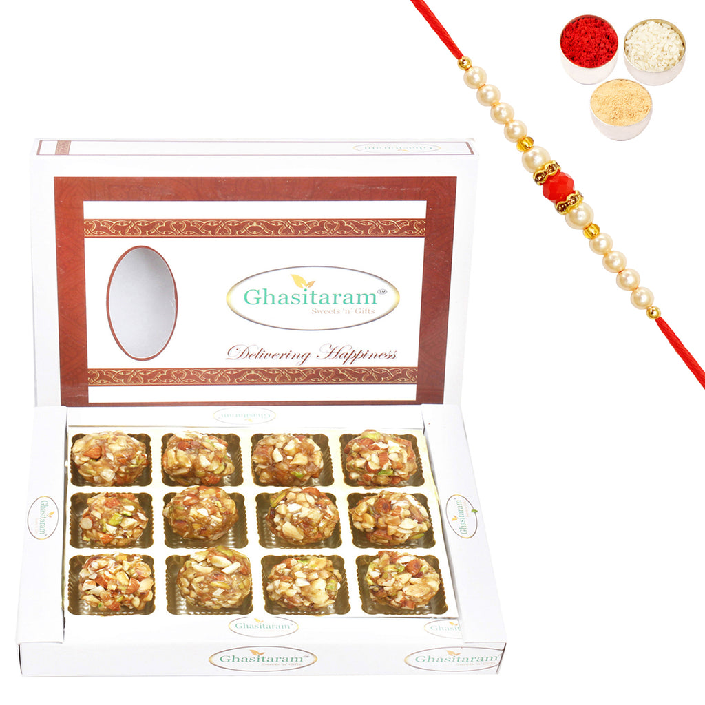 Ghasitaram's Roasted Dryfruit Laddoo in White box with Beads Rakhi