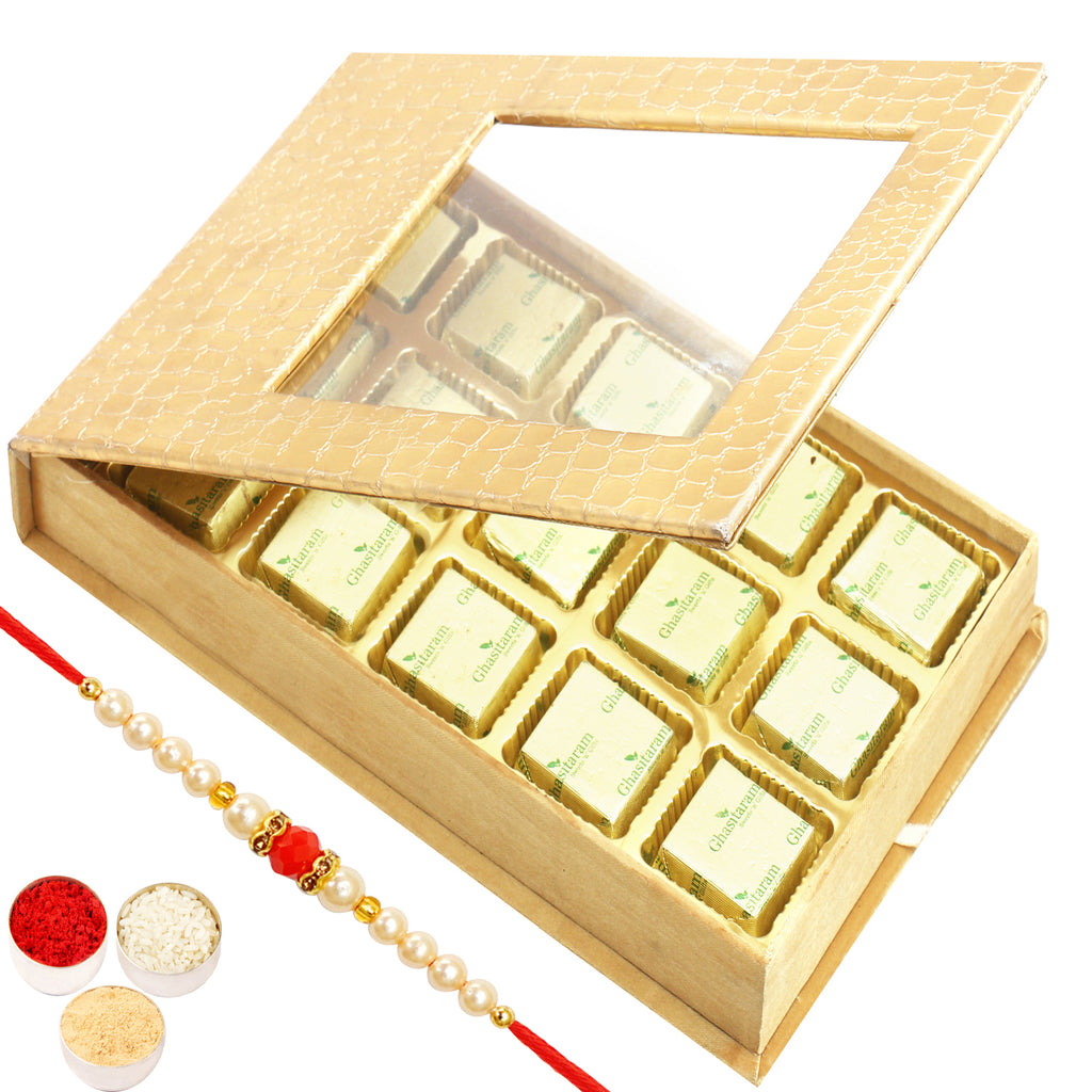 Rakhi Mewa Bites- Golden Leather Finish 15 pcs Mewa Bites  Box with Pearl Beads Rakhi