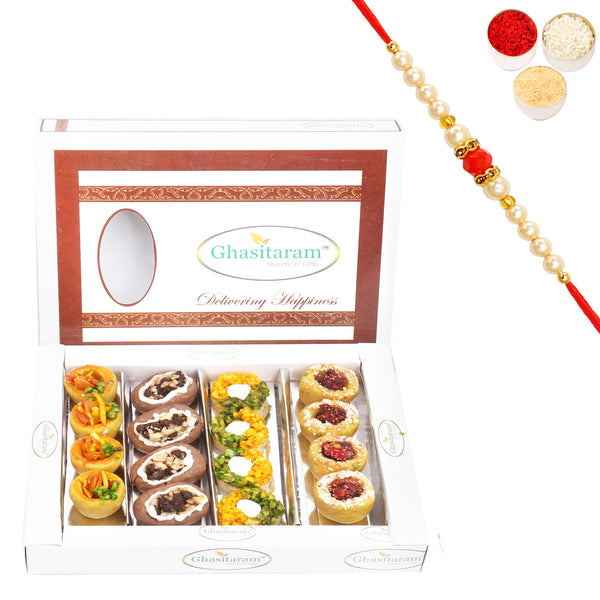 Assorted Box of Anjeer Basket, Kesar Pista Delight, Choco Boat and Almond Basket  400 gms with  Beads Rakhi