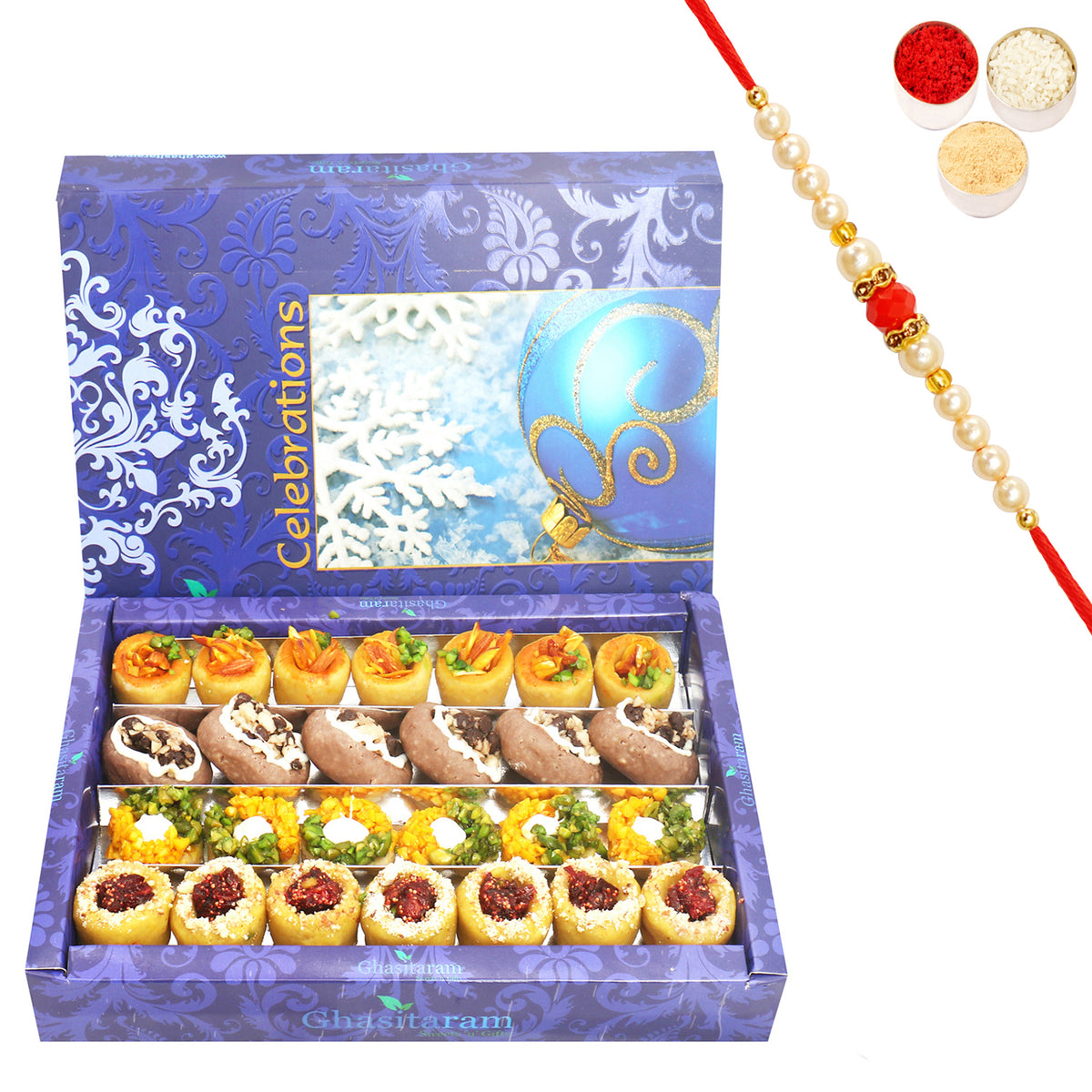 Assorted Box of Anjeer Basket, Kesar Pista Delight, Choco Boat and Almond Basket  800 gms with Beads Rakhi