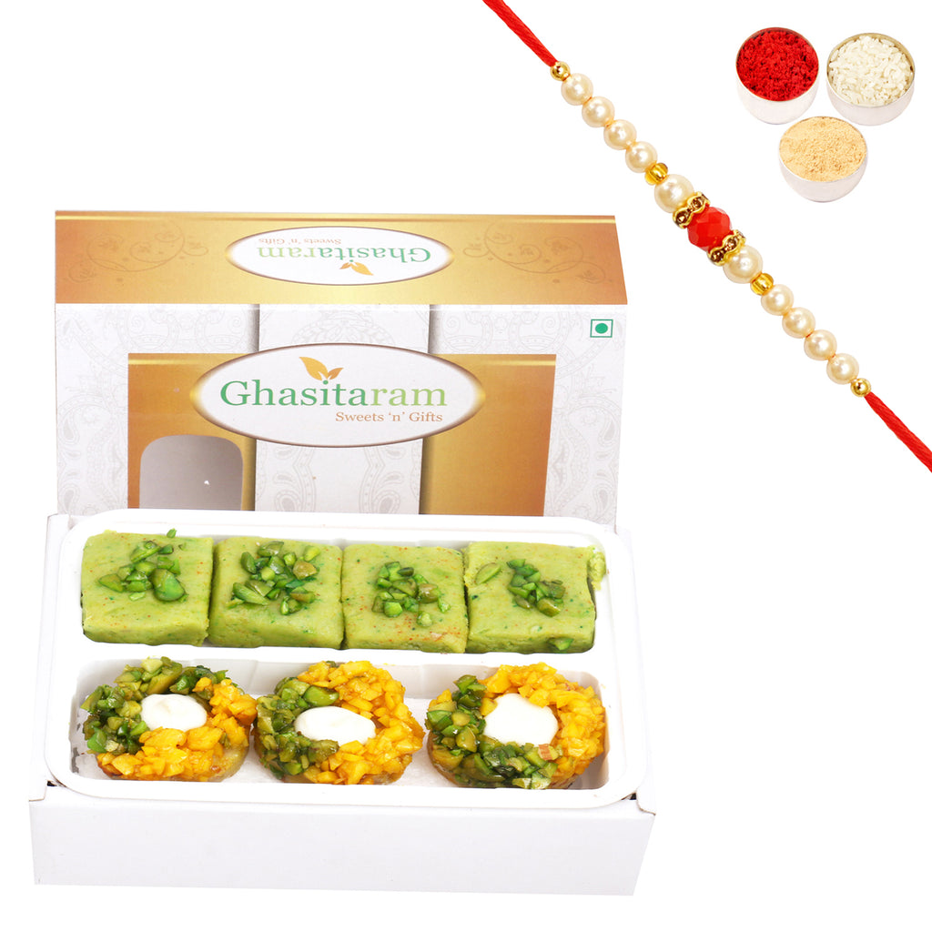 Assorted Box of Pista Barfi, Kesar Pista Delight, Choco Boat and Besan Barfi  200 gms with Beads Rakhi