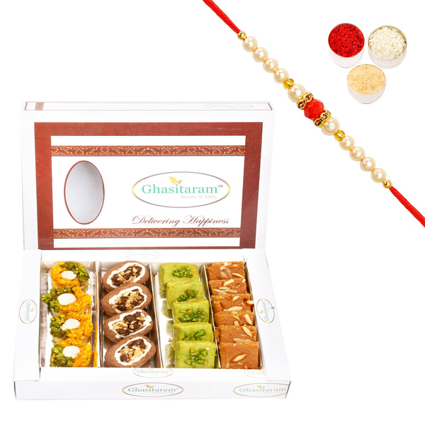 Assorted Box of Pista Barfi, Kesar Pista Delight, Choco Boat and Besan Barfi  400 gms with Beads Rakhi