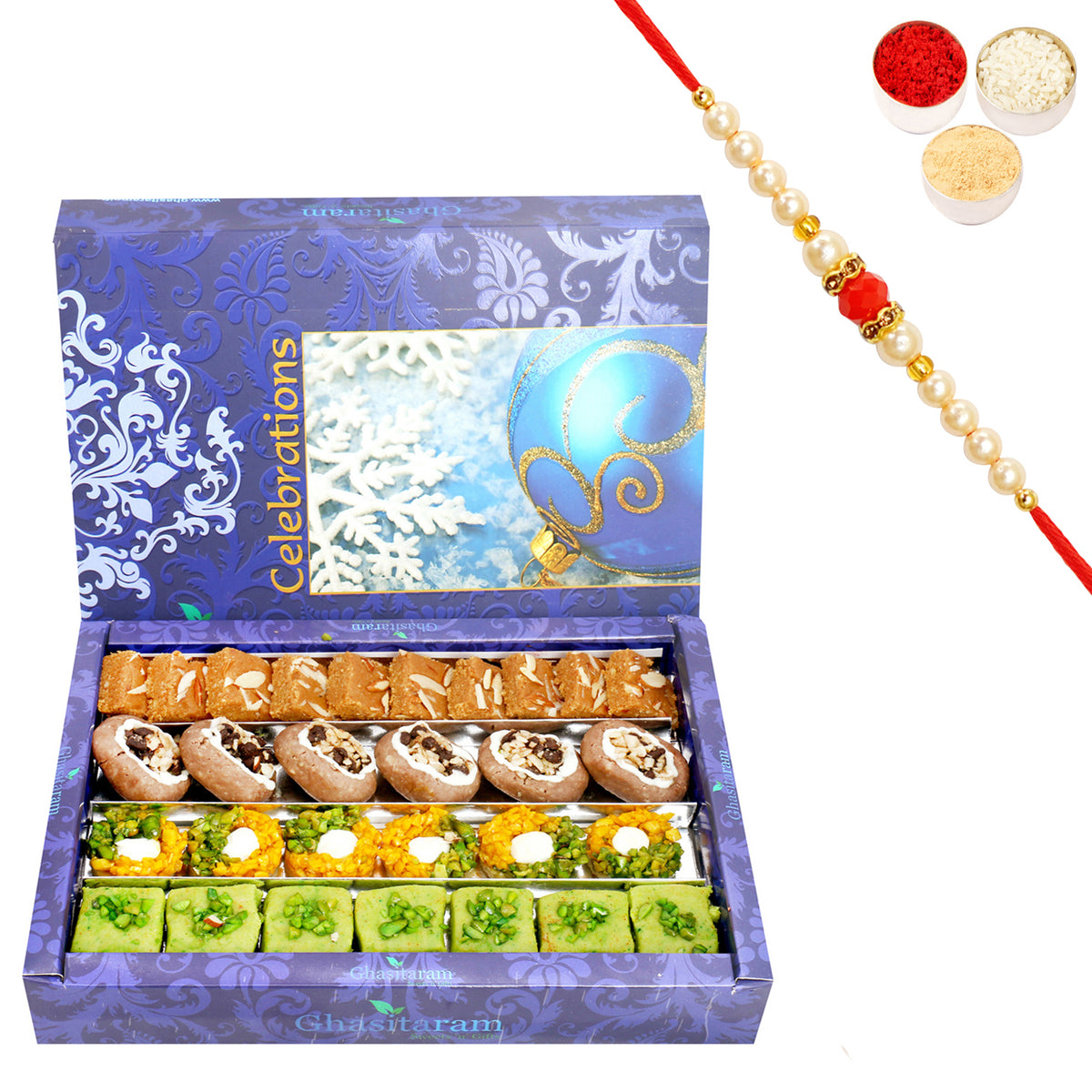 Assorted Box of Pista Barfi, Kesar Pista Delight, Choco Boat and Besan Barfi  800 gms with Beads Rakhi