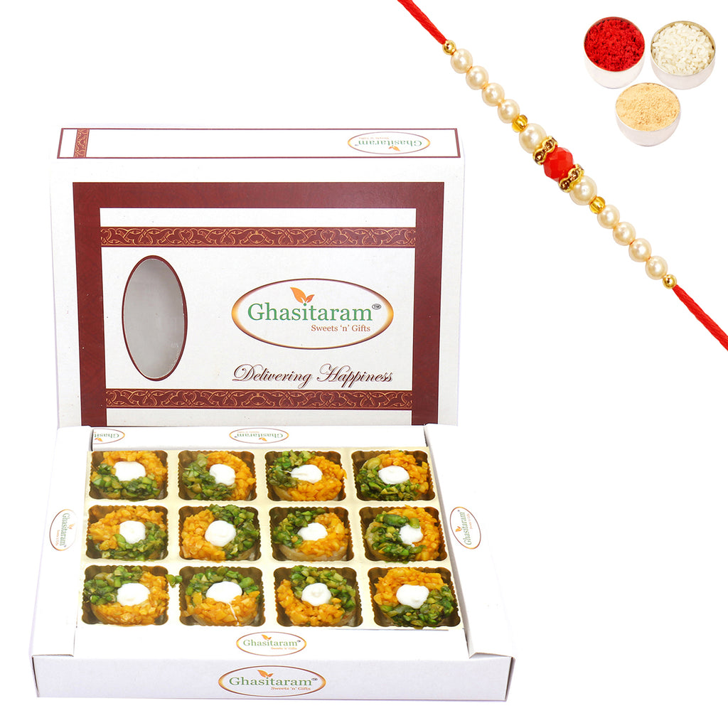 Kesar Pista Delight In White Box with Beads Rakhi