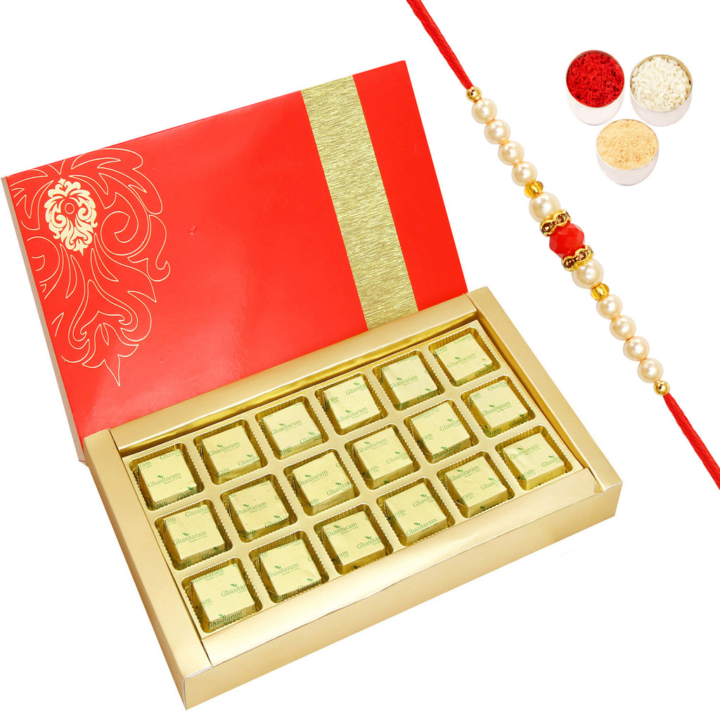 Rakhi Mewa Bites -  Royal 18 pcs Assorted mewa BitesBox with Pearl Beads Rakhi