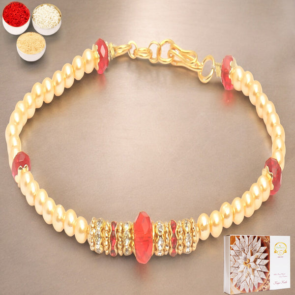 Rakhis Online USA-Set of 2 Red Pearl bracelet Rakhi with 200 gms of Kaju katli