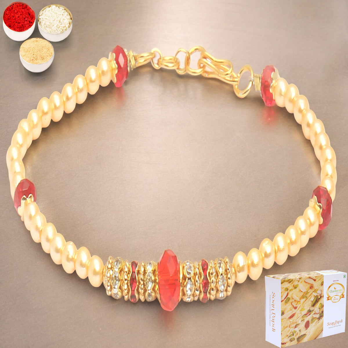 Rakhis Online USA-Set of 2 Red Pearl bracelet Rakhi  with 200 gms Soan Papdi