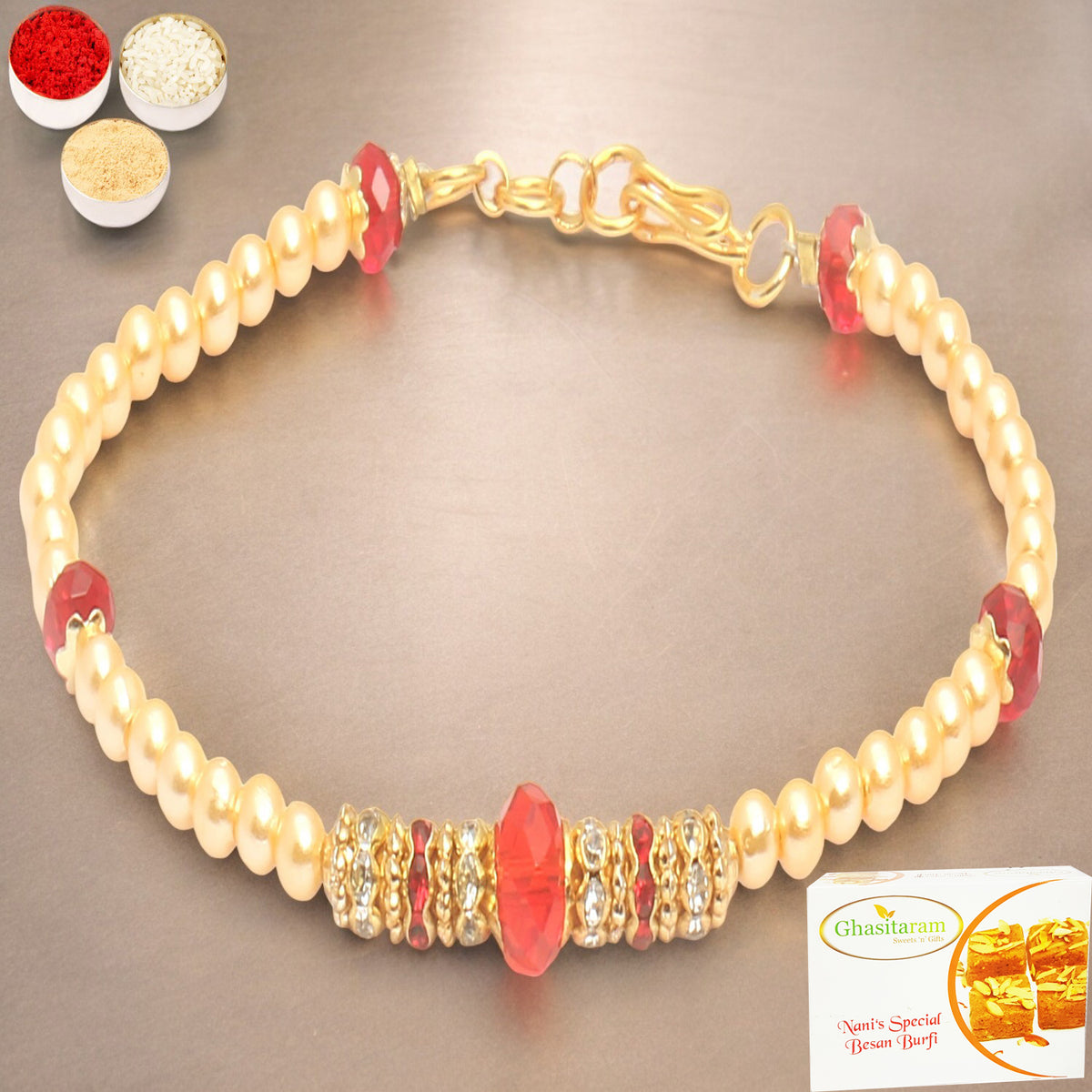 Rakhis Online Australia-Set of 2 Red Pearl bracelet Rakhi  with 200 gms Besan Barfi