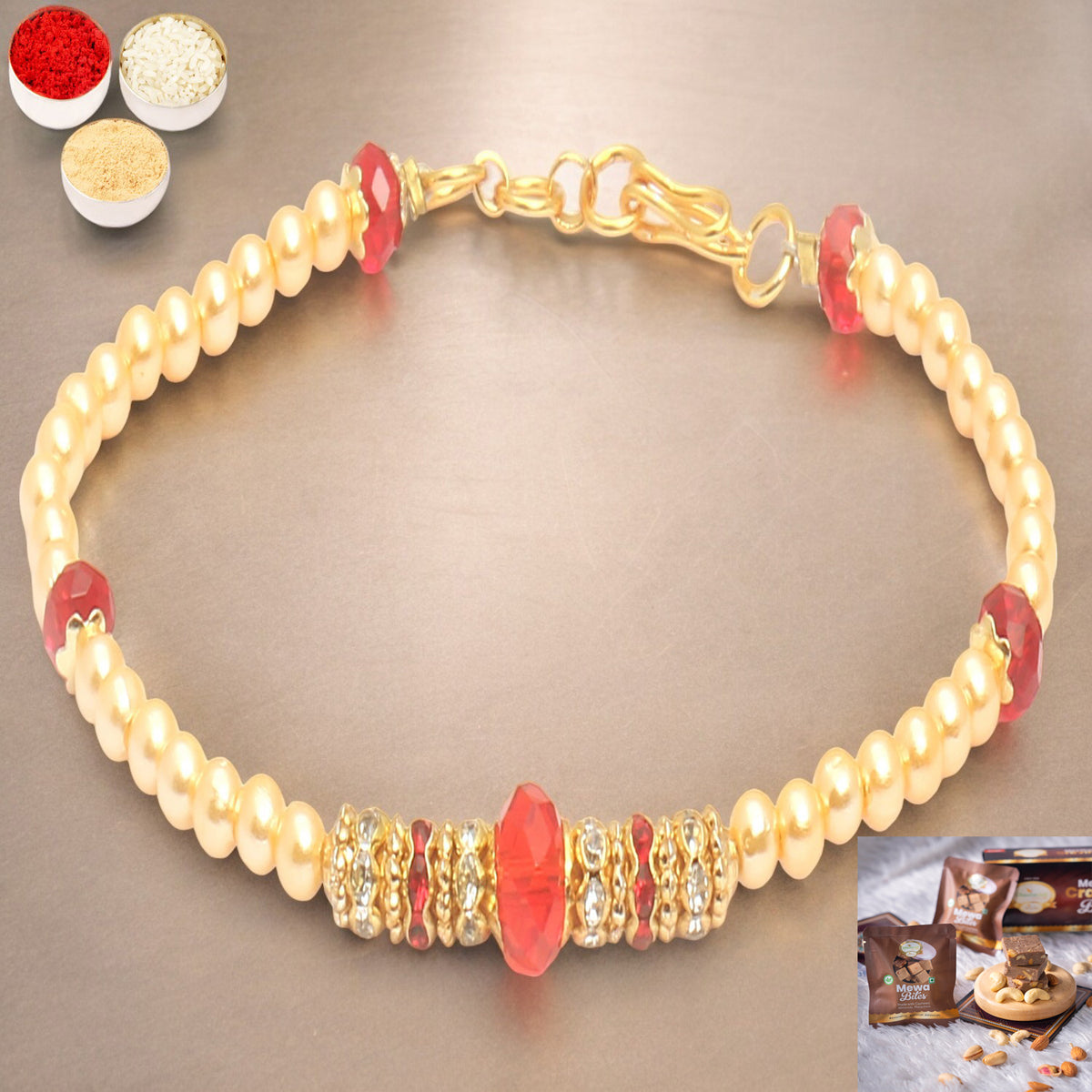 Rakhis Online UK-Set of 2 Red Pearl bracelet Rakhi  with  Mewa Bites box