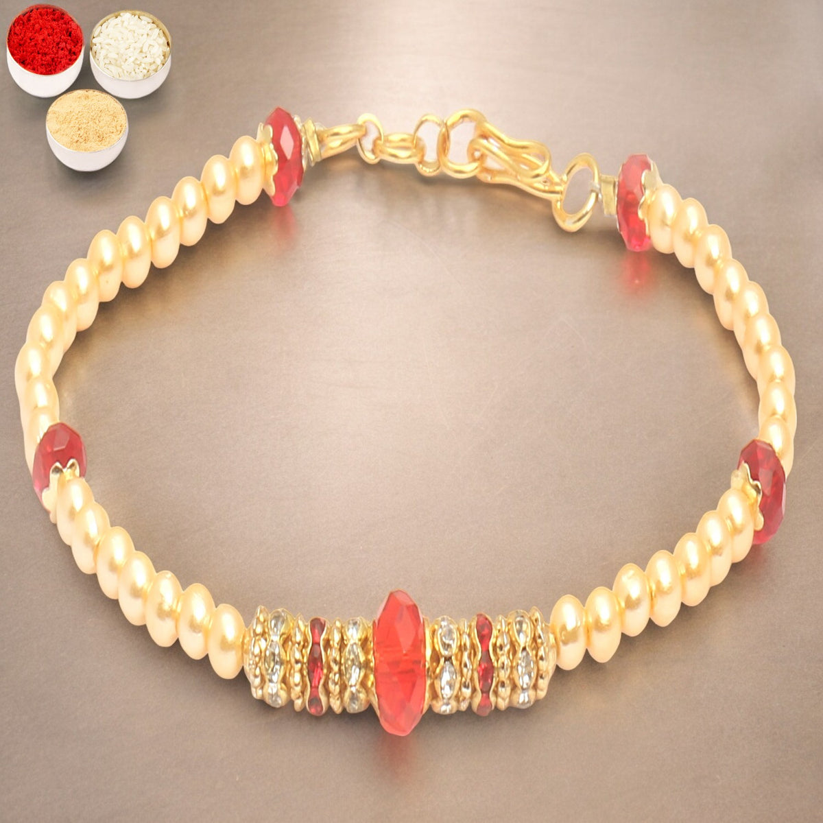 Rakhis Online UK-Set of 2 Red Pearl bracelet Rakhi 