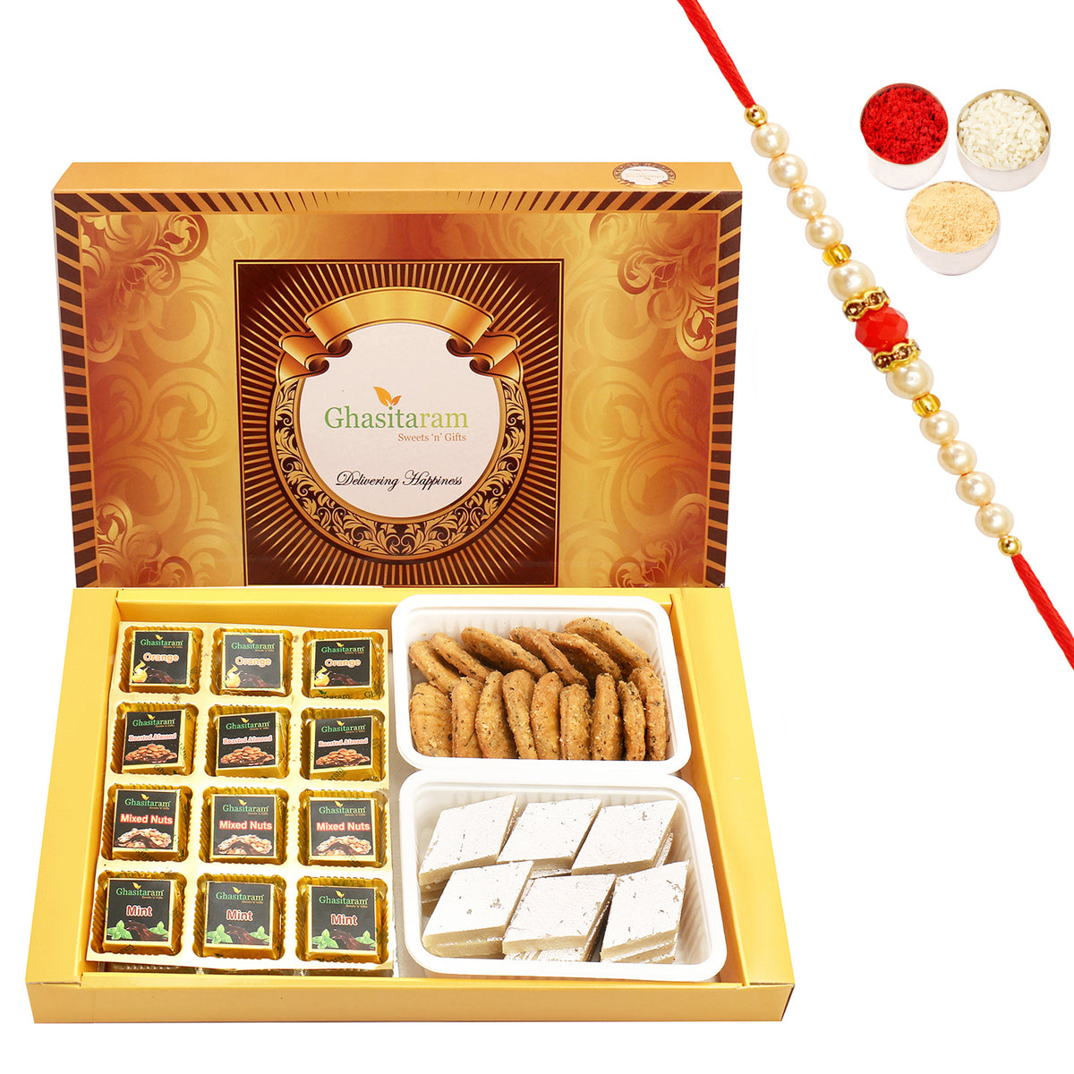 Big Box of 12 Pcs Assorted Chocolates, Kaju Katli and Methi Mathi with Beads Rakhi