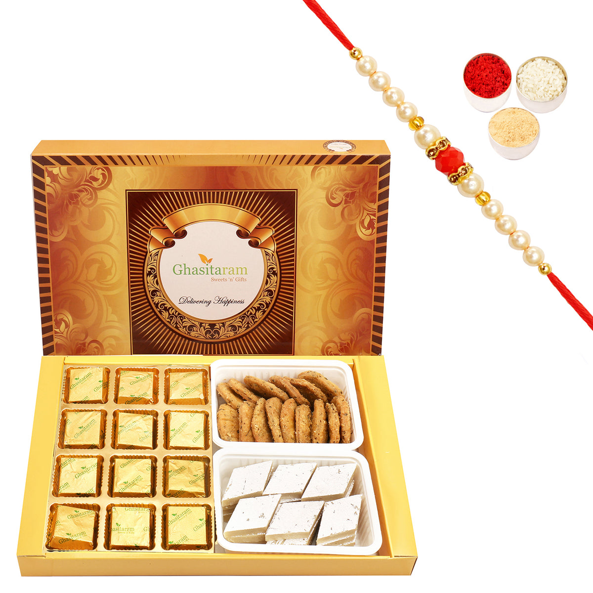 Big Box of 12 Pcs Mewa Bites, Kaju Katli and Methi Mathi with Beads Rakhi