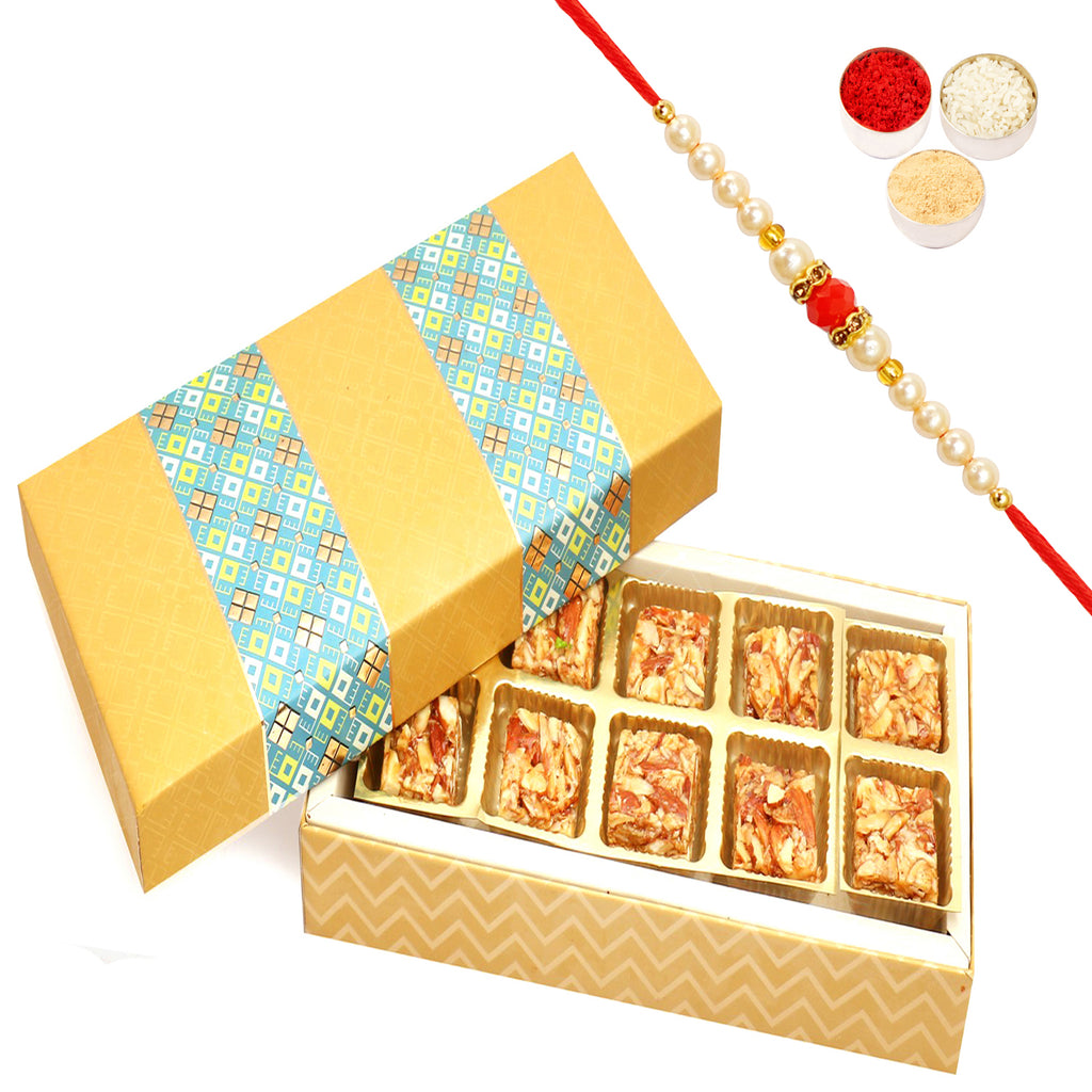 3 Part 10 Print  Pcs Roasted Almond Bites Box with Pearl Beads Rakhi