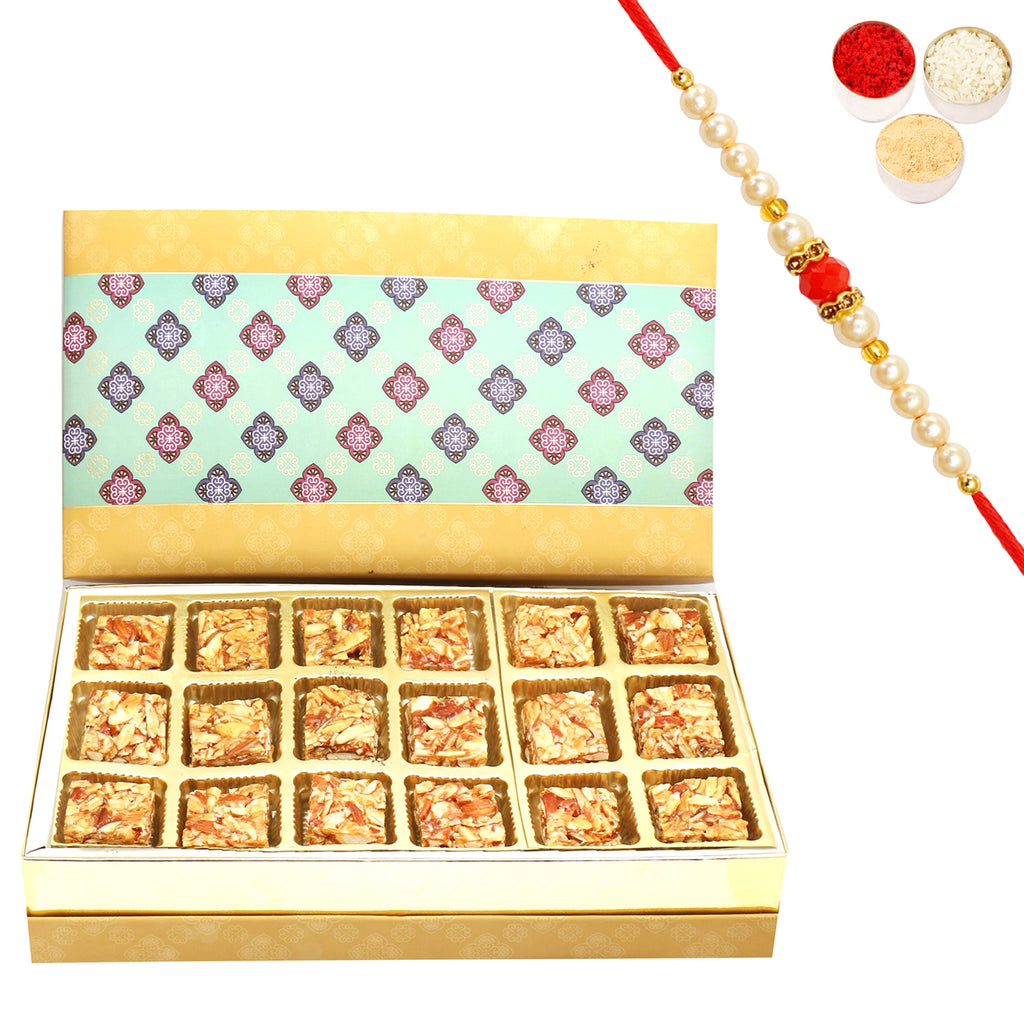 5 Part 18 Print Pcs Roasted Almond Bites Box with Pearl Beads Rakhi