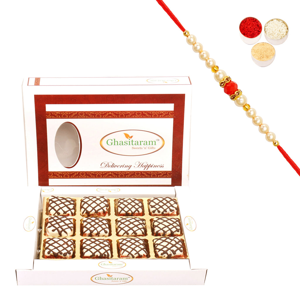 Anjeer Chocolate Bites in White Box with Beads Rakhi