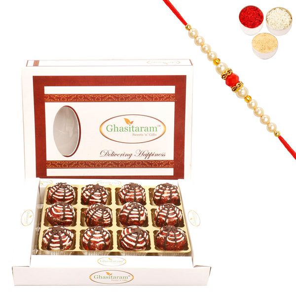 Anjeer Chocolate Laddoo in White Box with Beads Rakhi