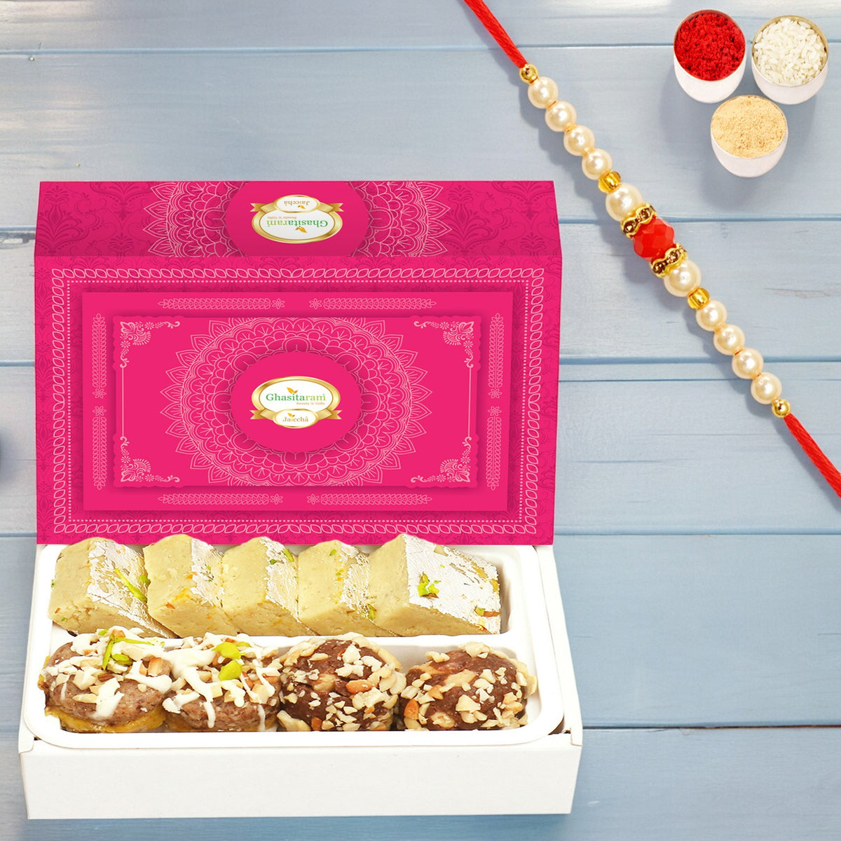 Barfi & Dryfruit Sweets 200g | Rakhi Gift Box with Pearl Beads Rakhi | Rakshabandhan Mithai Hampers for Brother