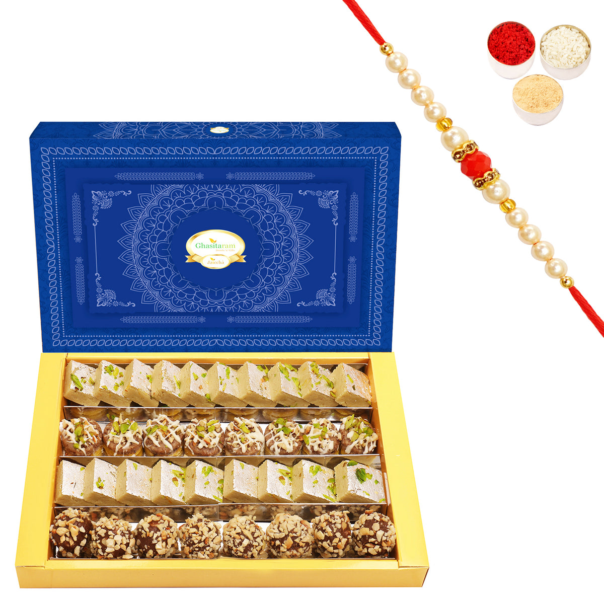 Barfi & Dryfruit Sweets 200g | Rakhi Gift Box with Pearl Beads Rakhi | Rakshabandhan Mithai Hampers for Brother