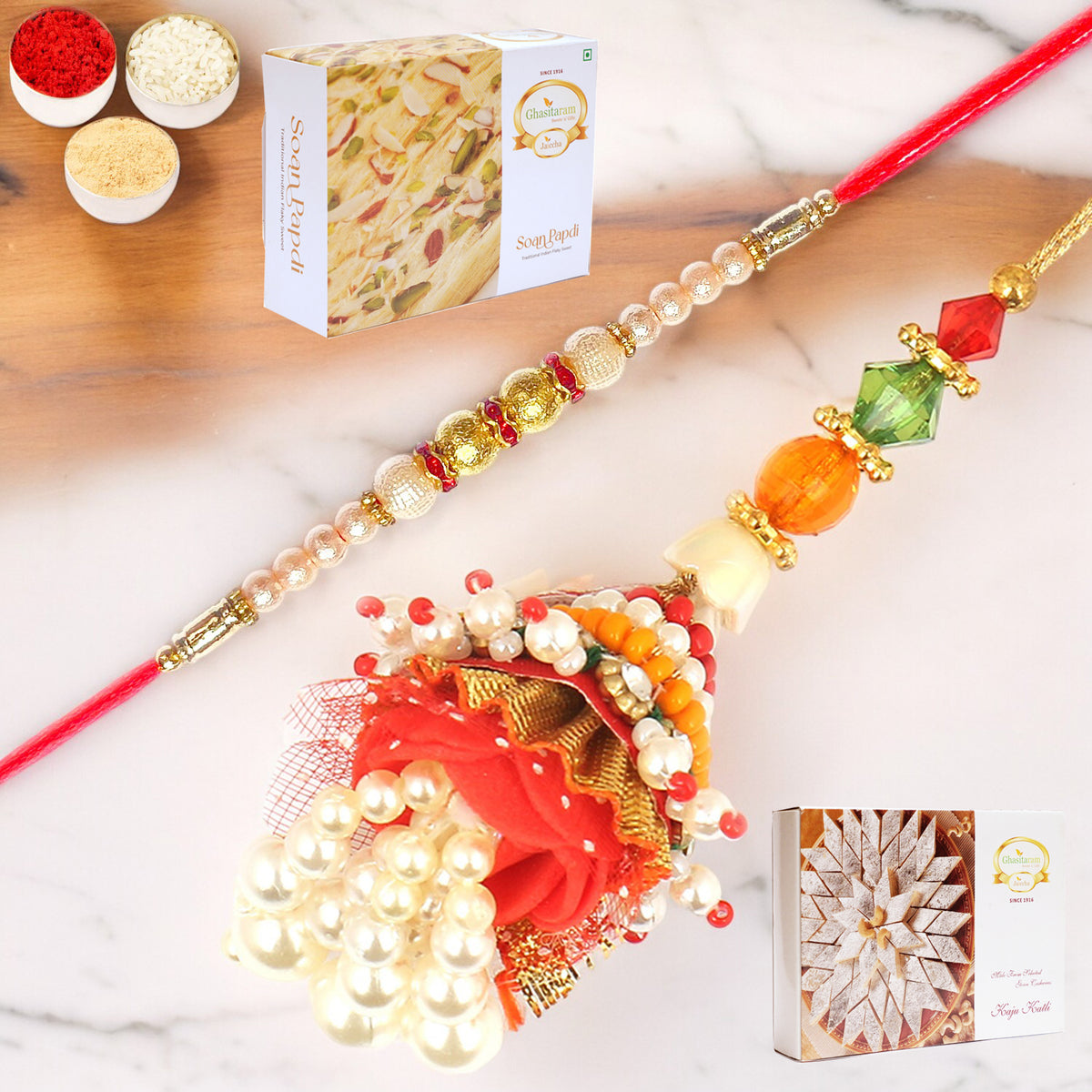 Enticer of Faith Bhaiya Bhabhi rakhi with 200 gms of Kaju katli and 200 gms of Soan Papdi