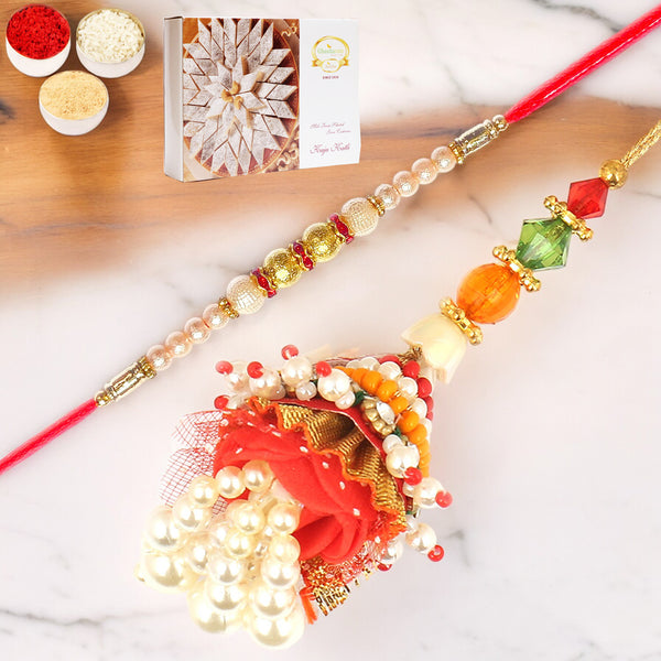 Rakhis Online Australia-Enticer of Faith Bhaiya Bhabhi rakhi with 200 gms of Kaju katli