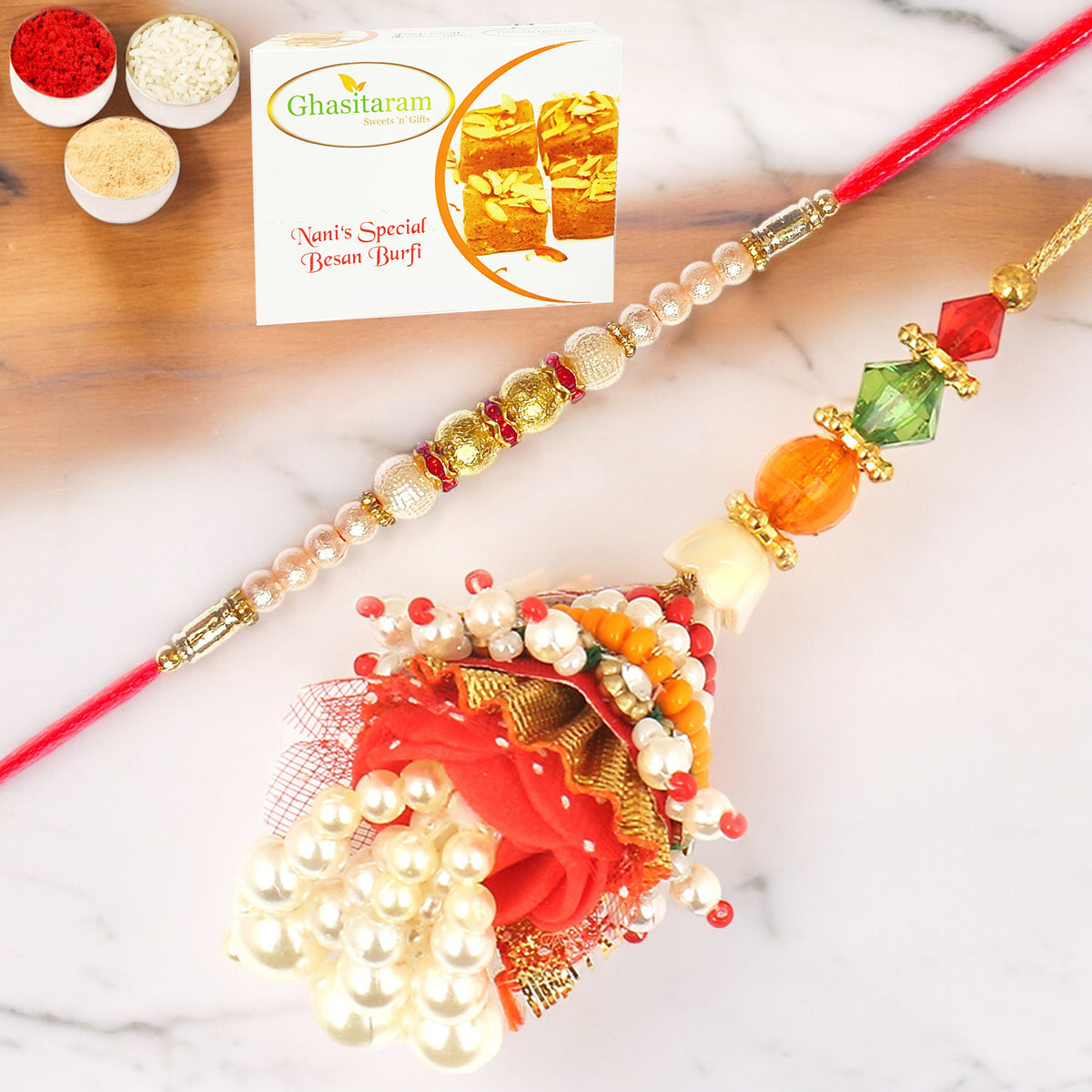 Enticer of Faith Bhaiya Bhabhi rakhi with 400 gms of Besan Barfi