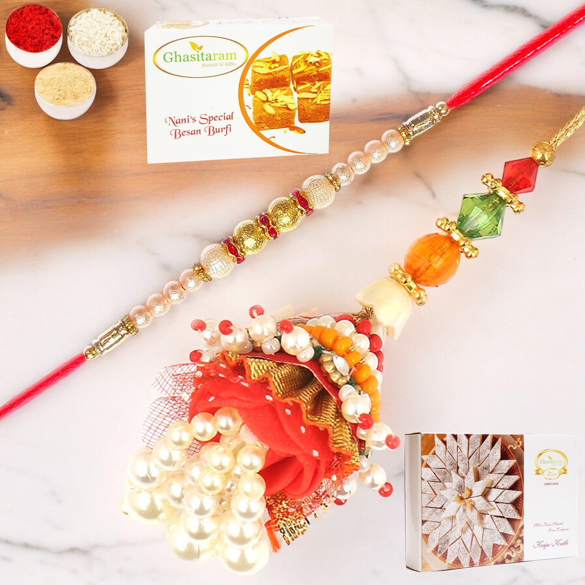 Enticer of Faith Bhaiya Bhabhi rakhi with 200 gms of Besan Barfi and 200 gms of Kaju Katli