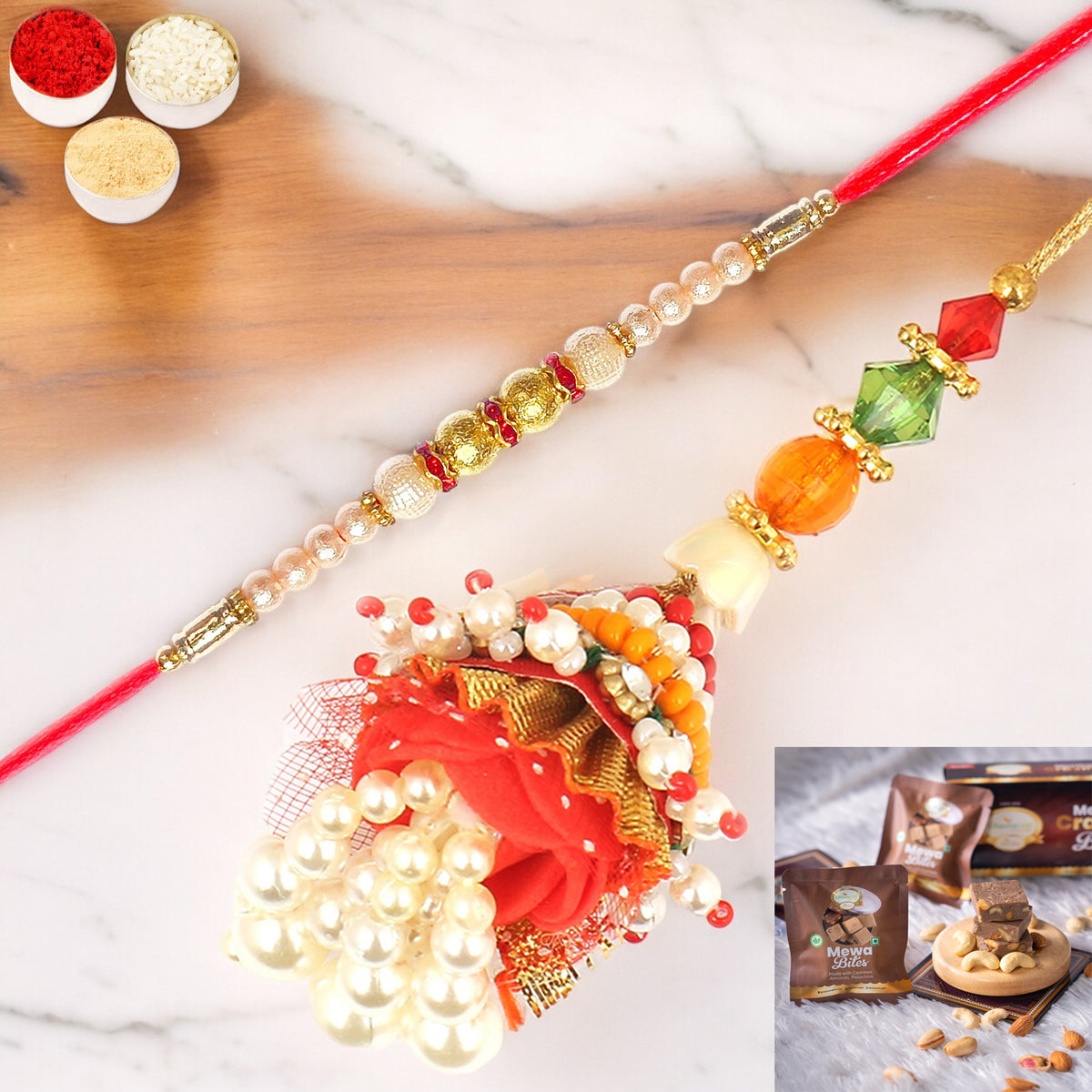Rakhis Online Australia-  Enticer of Faith Bhaiya Bhabhi rakhi with  Mewa Bites box