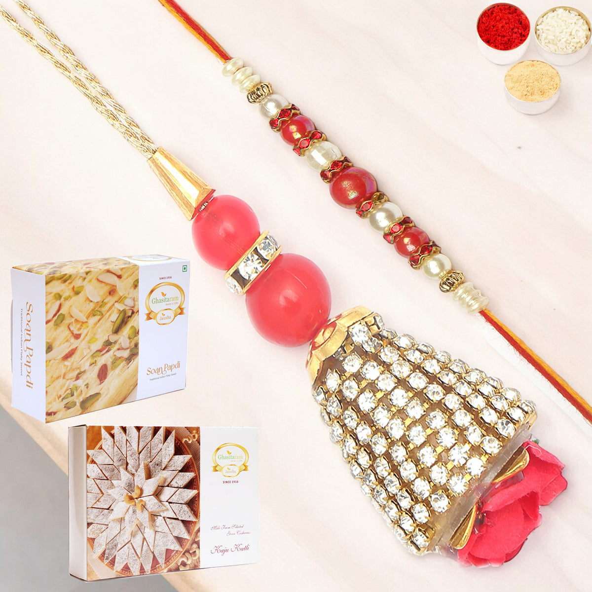  The Glittering Chains Bhaiya Bhabhi Rakhi with 200 gms of Kaju katli and 200 gms of Soan Papdi