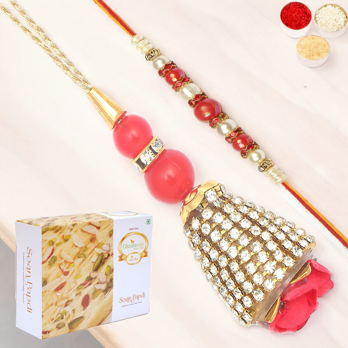  The Glittering Chains Bhaiya Bhabhi Rakhi with 400 gms of Soan Papdi