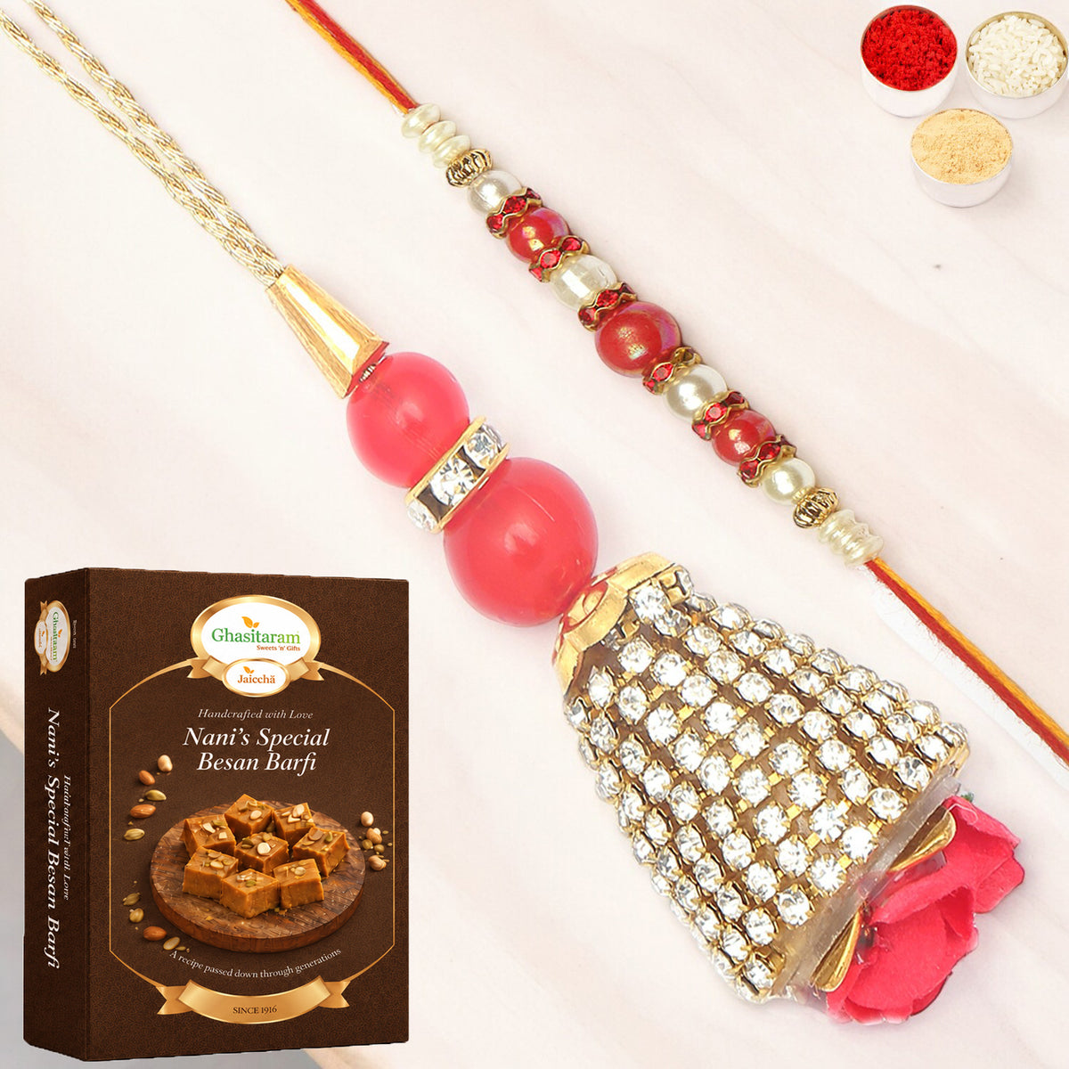 The Glittering Chains Bhaiya Bhabhi Rakhi with 400 gms of Besan Barfi
