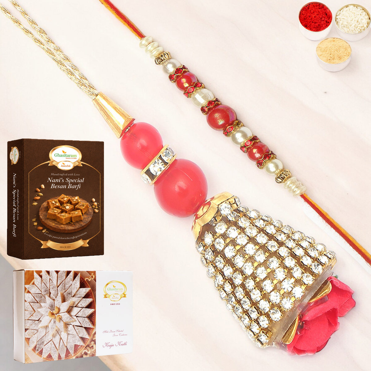  The Glittering Chains Bhaiya Bhabhi Rakhi with 200 gms of Besan Barfi and 200 gms of Kaju Katli