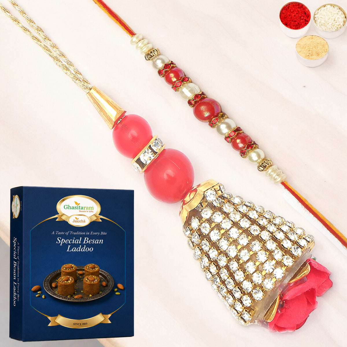  The Glittering Chains Bhaiya Bhabhi Rakhi with 200 gms of Besan Laddoo