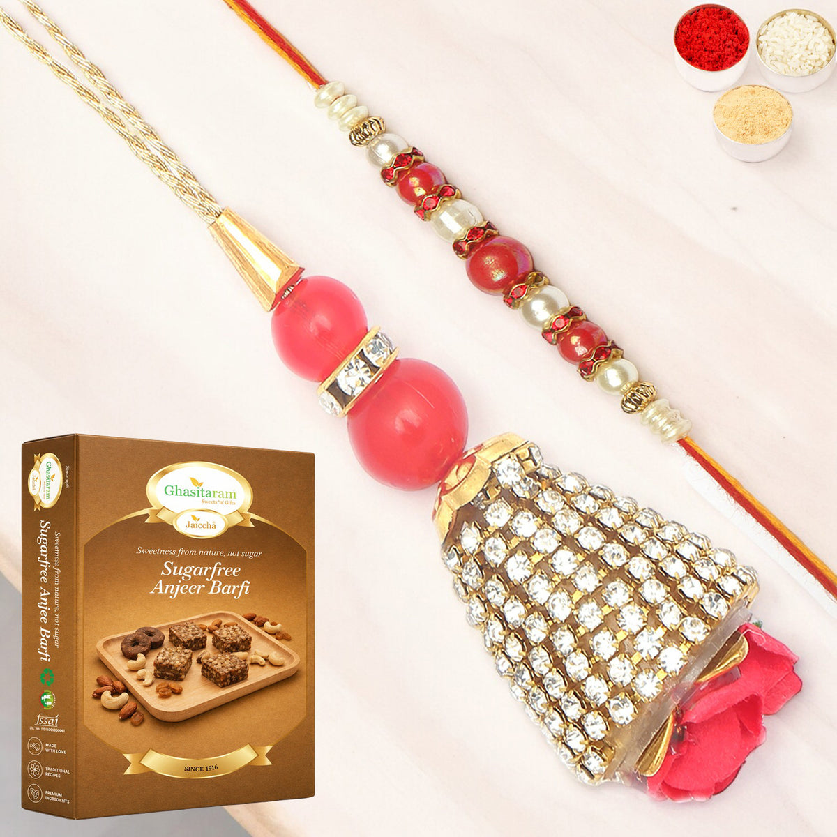  The Glittering Chains Bhaiya Bhabhi Rakhi with 200 gms of Sugarfree Anjeer Barfi