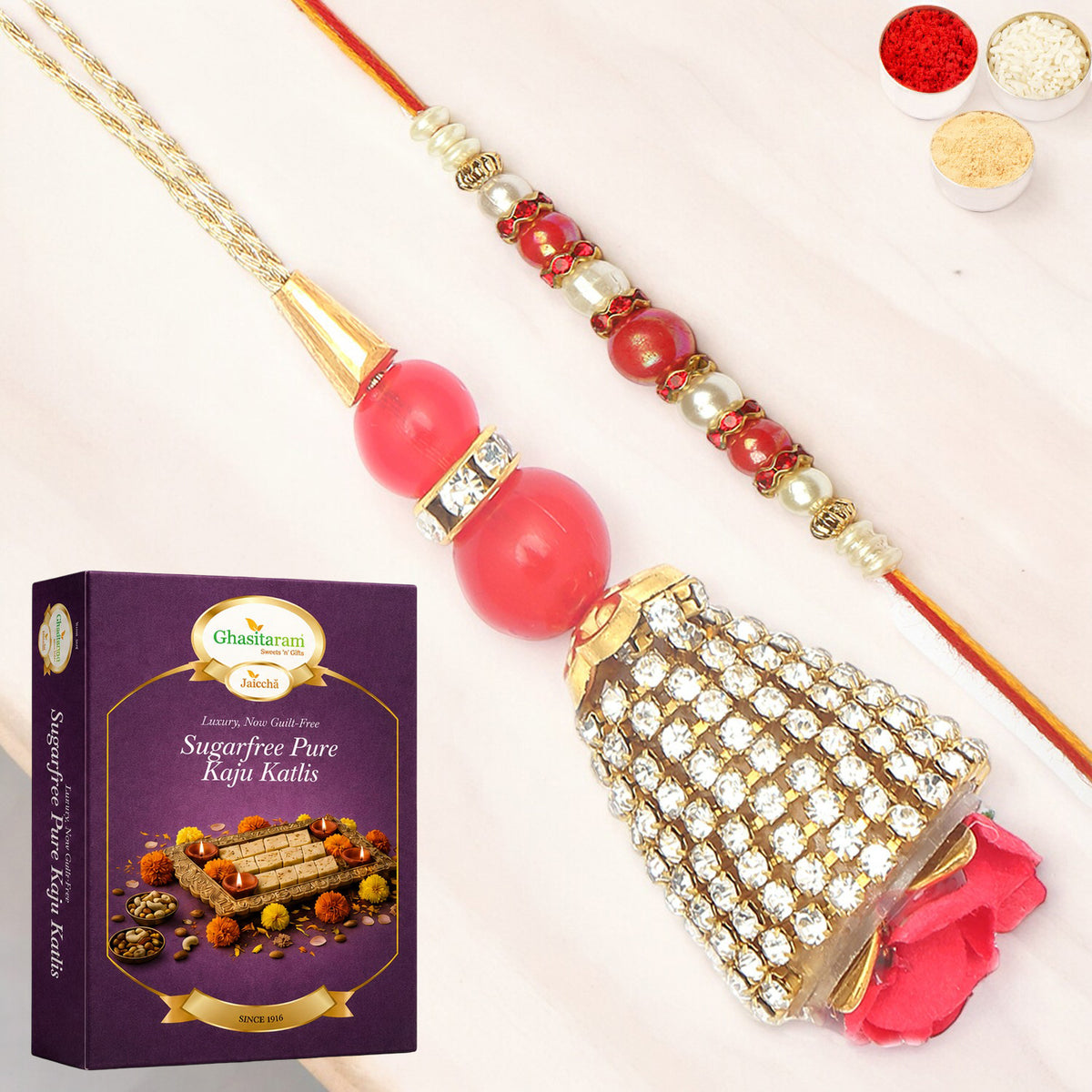  The Glittering Chains Bhaiya Bhabhi Rakhi with 200 gms of Sugarfree Kaju katli