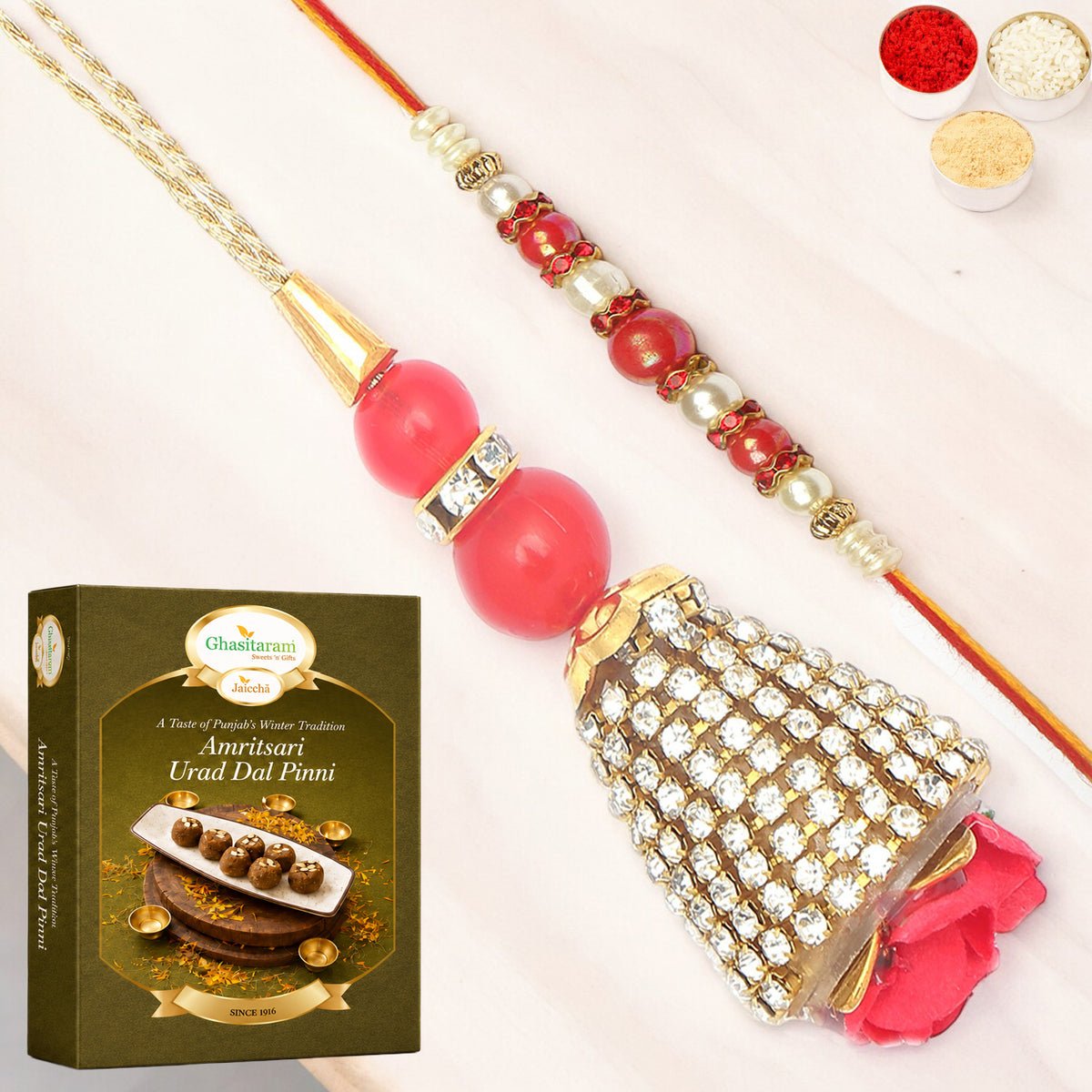  The Glittering Chains Bhaiya Bhabhi Rakhi with 200 gms of Pinni 