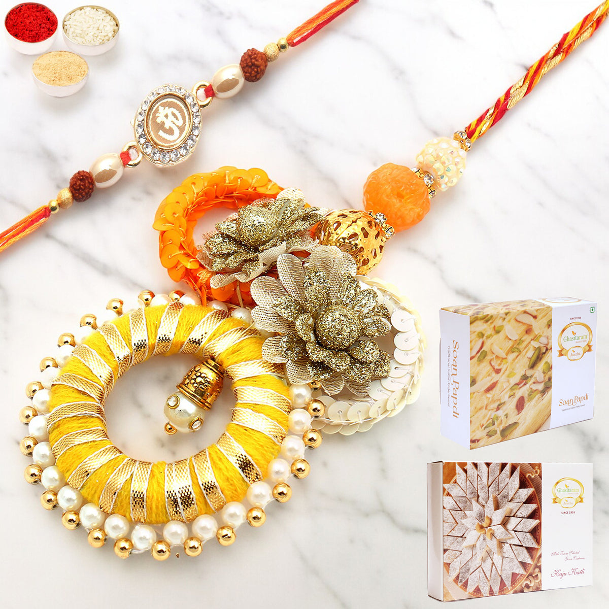 Echoes of Care rm071 Bhaiya Bhabhi Rakhi with 200 gms of Kaju katli and 200 gms of Soan Papdi