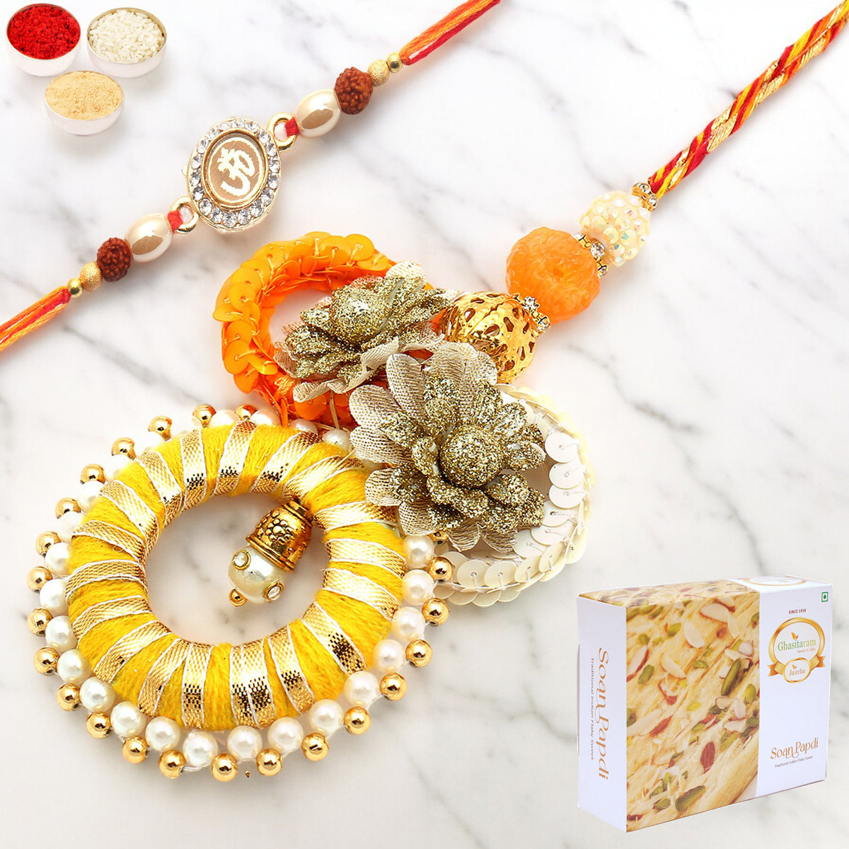 Rakhis Online Australia-  Echoes of Care rm071 Bhaiya Bhabhi Rakhi with 200 gms Soan Papdi