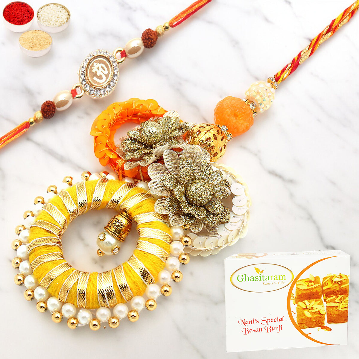 Rakhis Online UK- Echoes of Care rm071 Bhaiya Bhabhi Rakhi with 200 gms Besan Barfi