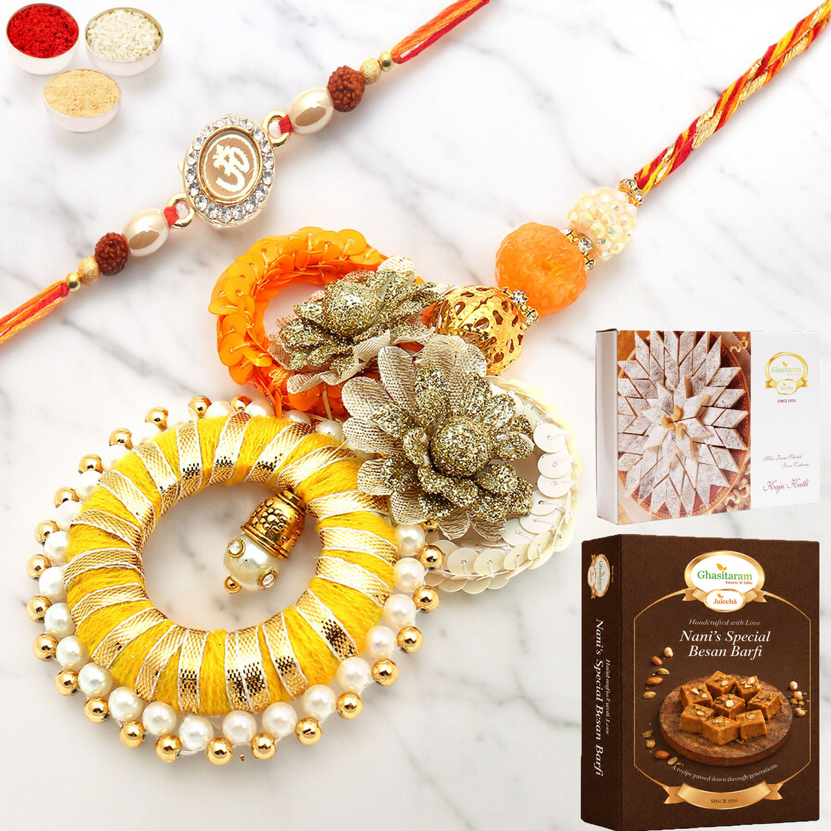  Echoes of Care rm071 Bhaiya Bhabhi Rakhi with 200 gms of Besan Barfi and 200 gms of Kaju Katli 