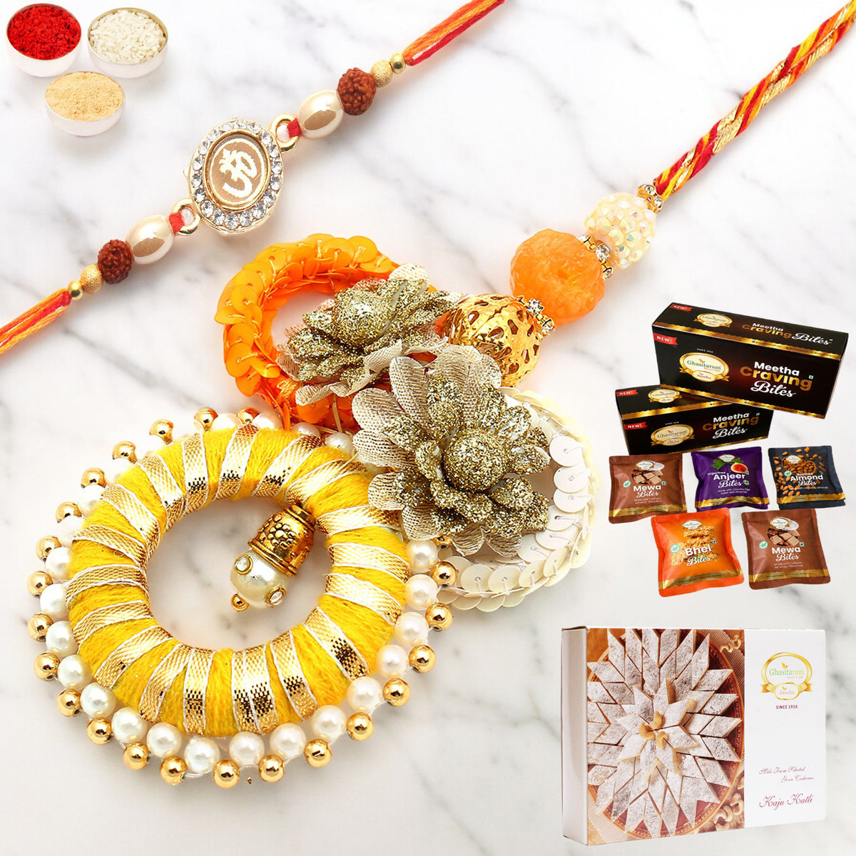  Echoes of Care rm071 Bhaiya Bhabhi Rakhi with Asorted bites box and 200 gms of Kaju katli