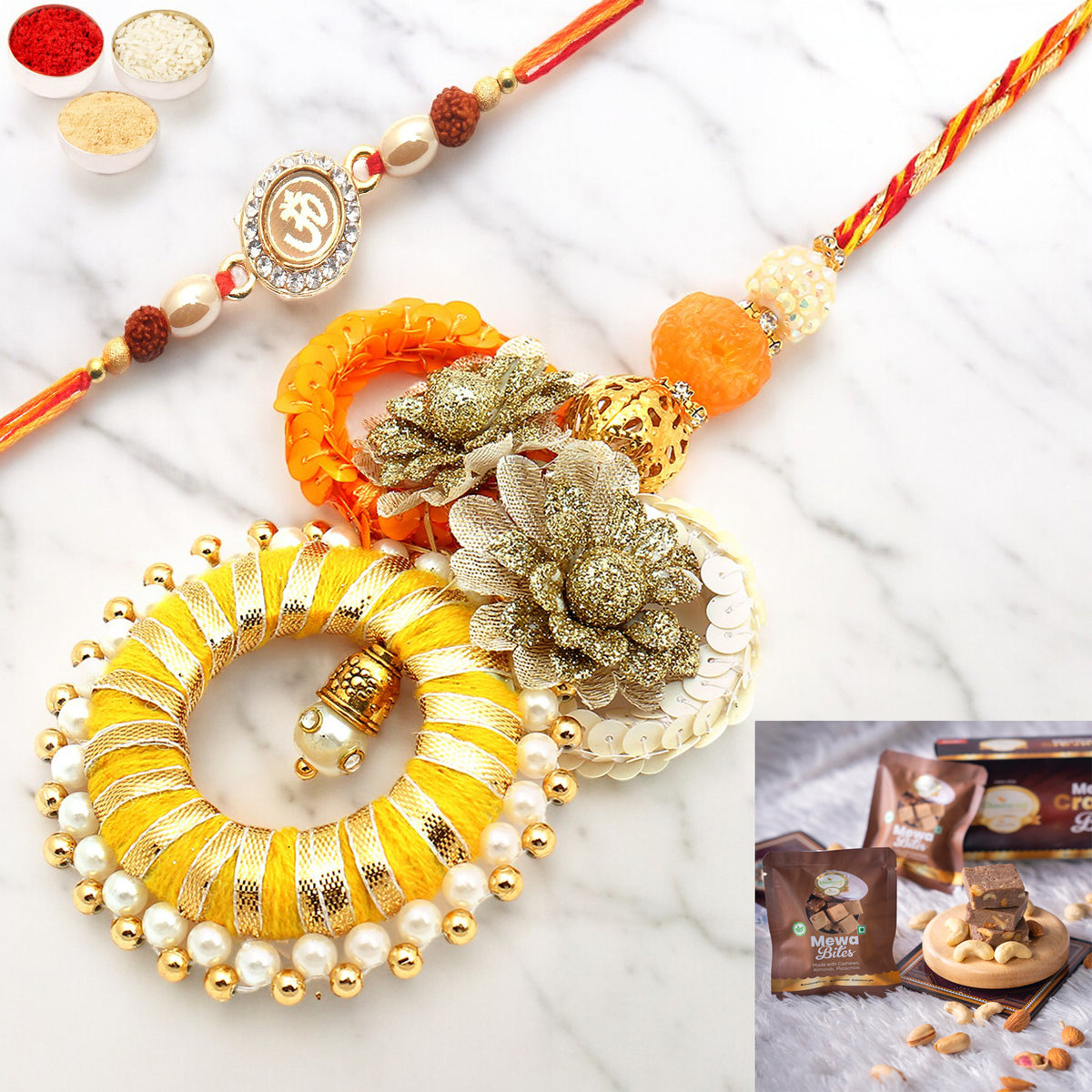 Rakhis Online UK- Echoes of Care rm071 Bhaiya Bhabhi Rakhi with  Mewa Bites box