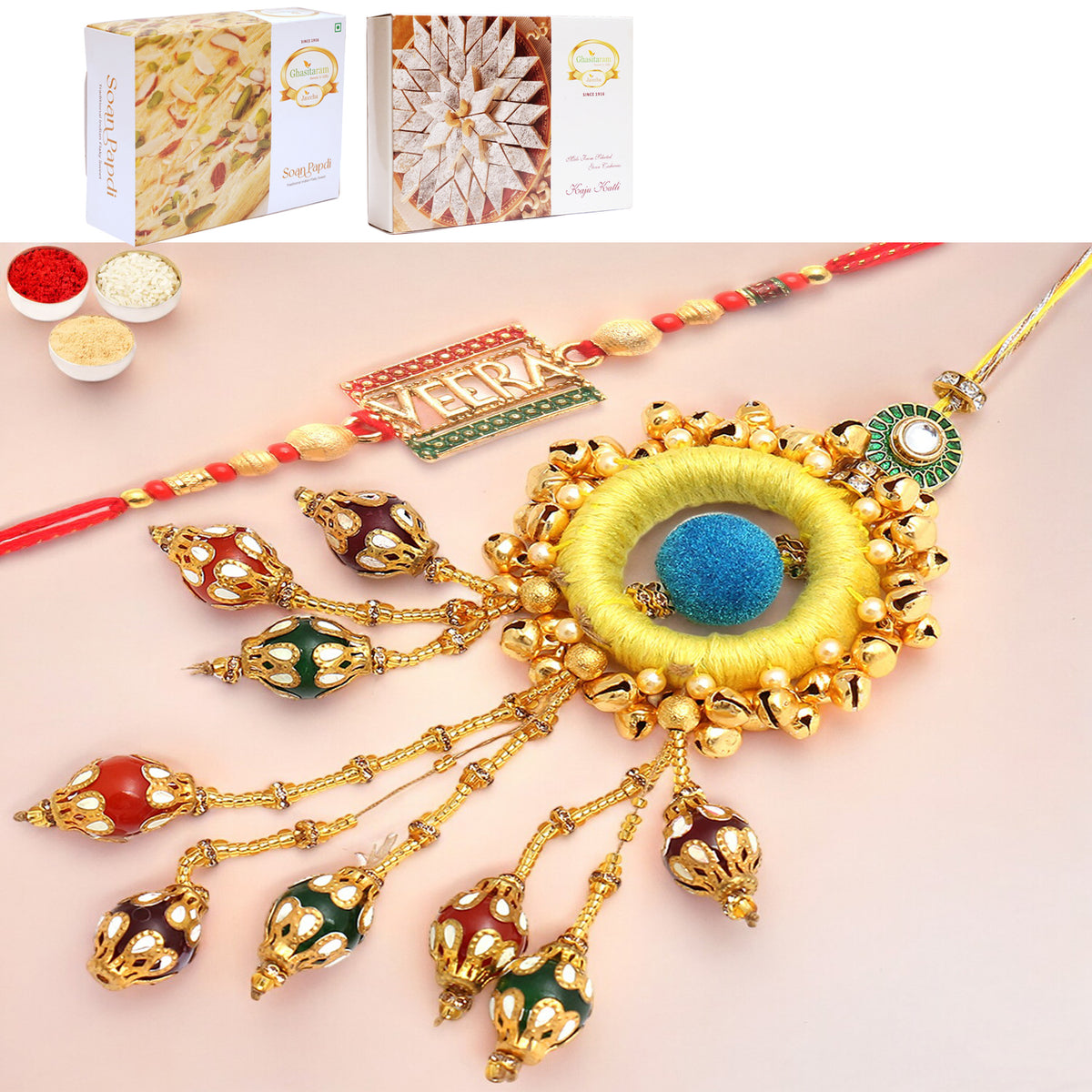 Mere Pyaare Veera rm 072 Bhaiya Bhabhi rakhi with 200 gms of Kaju katli and 200 gms of Soan Papdi