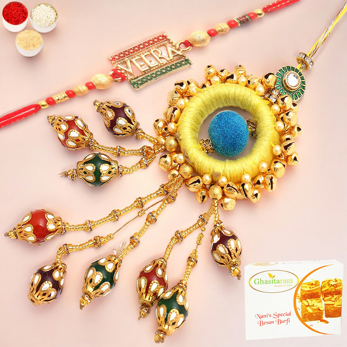 Rakhis Online Australia-  Mere Pyaare Veera rm 072 Bhaiya Bhabhi rakhi with 200 gms Besan Barfi