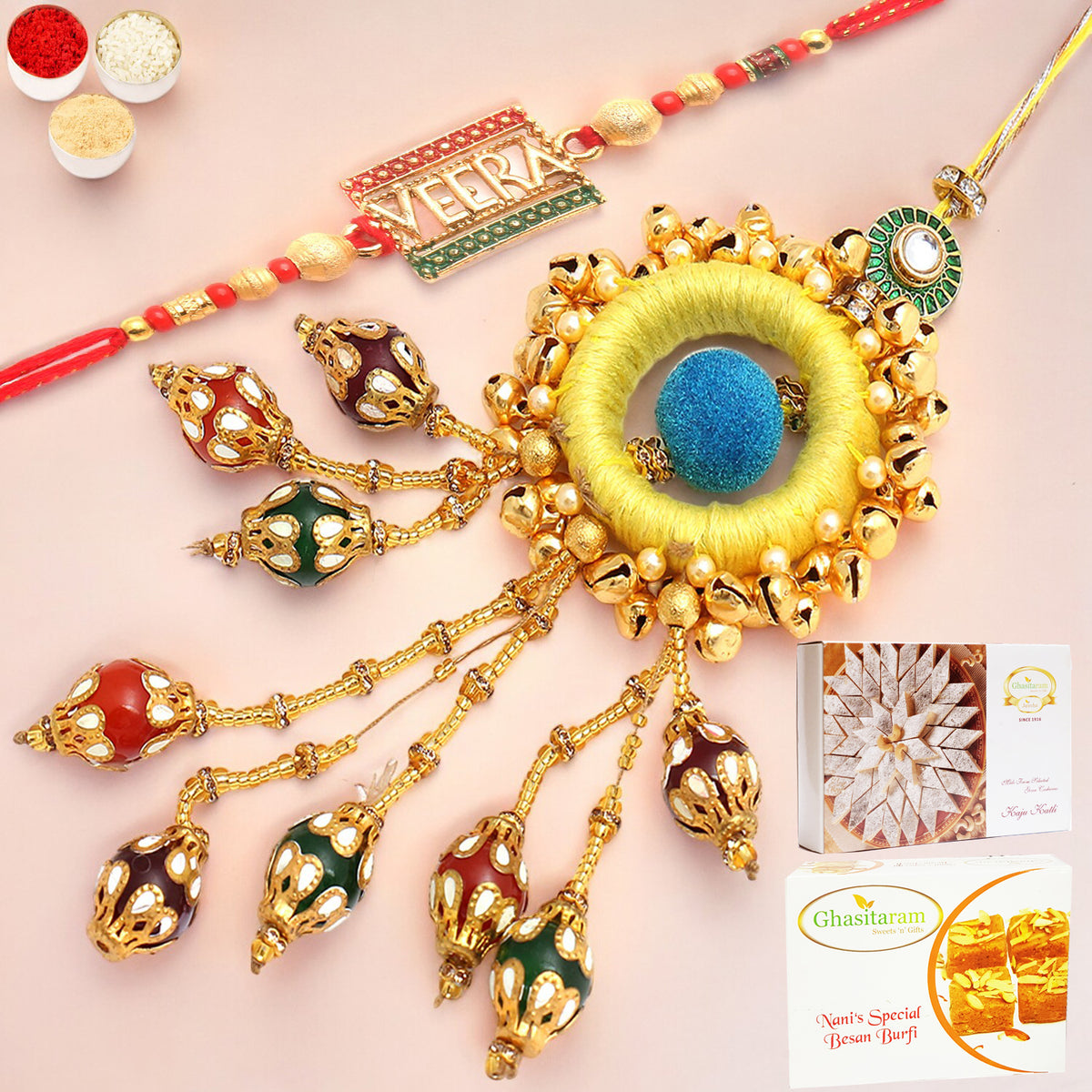 Mere Pyaare Veera rm 072 Bhaiya Bhabhi rakhi with 200 gms of Besan Barfi and 200 gms of Kaju Katli
